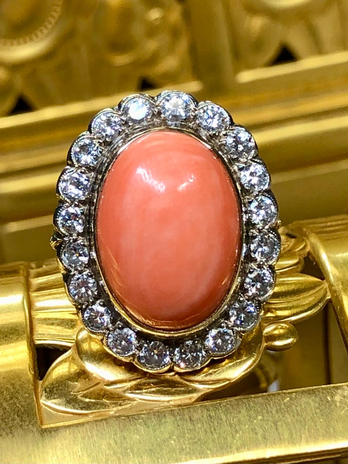Vintage 18K Cabochon Pink Coral Transitional Cut Diamond Rosetta Cocktail Ring For Sale 7