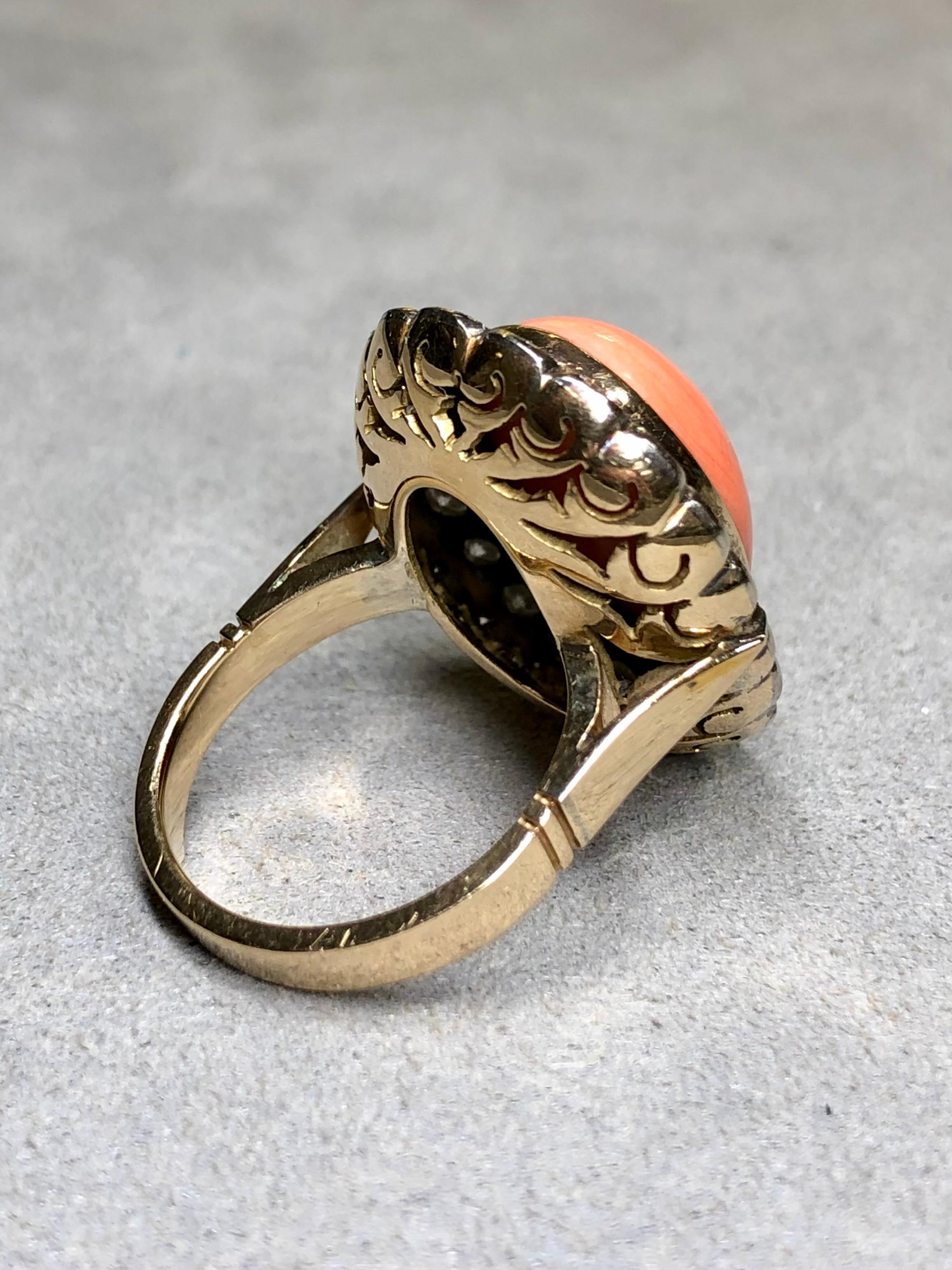 Retro Vintage 18K Cabochon Pink Coral Transitional Cut Diamond Rosetta Cocktail Ring For Sale