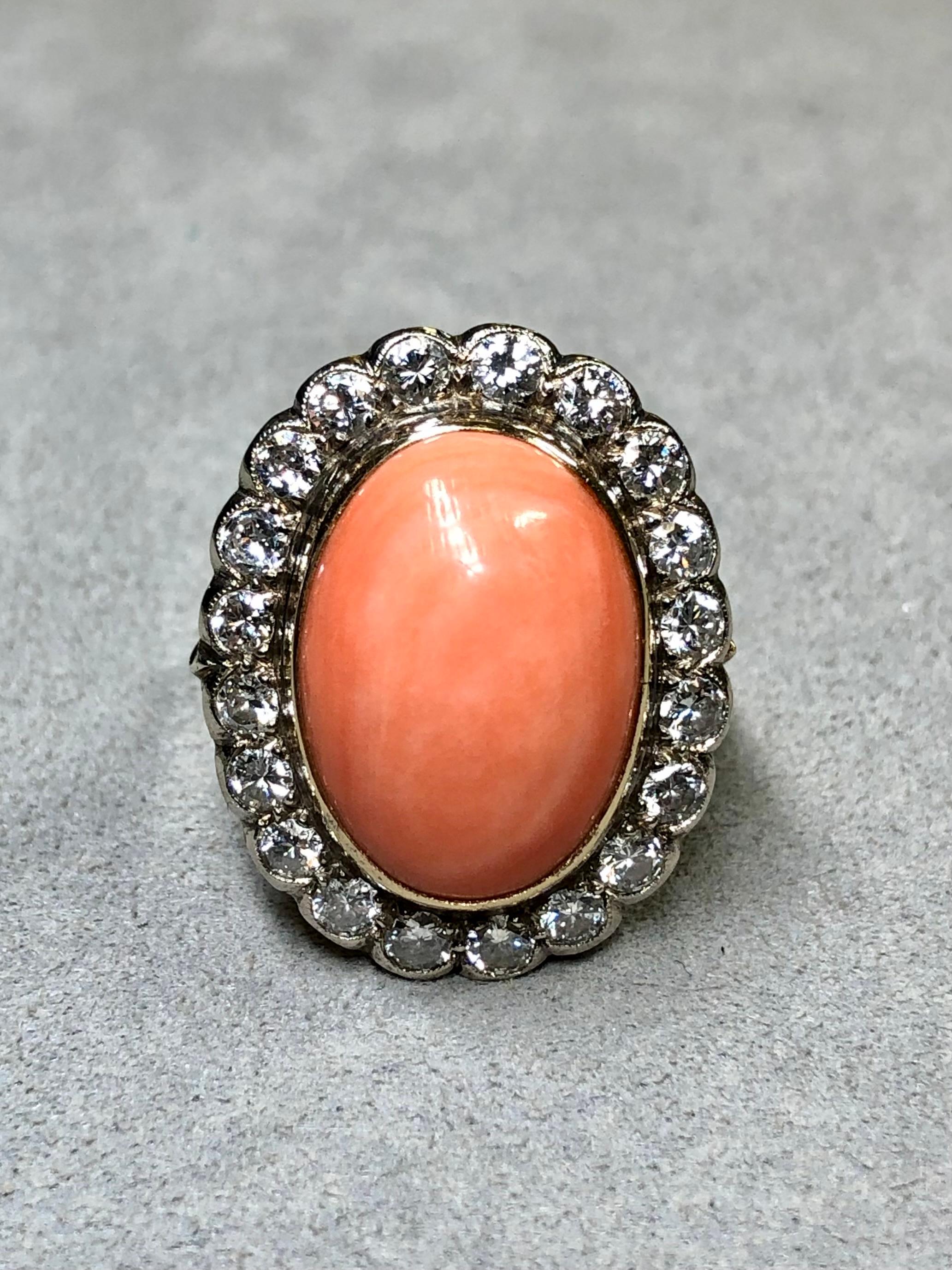Women's or Men's Vintage 18K Cabochon Pink Coral Transitional Cut Diamond Rosetta Cocktail Ring For Sale