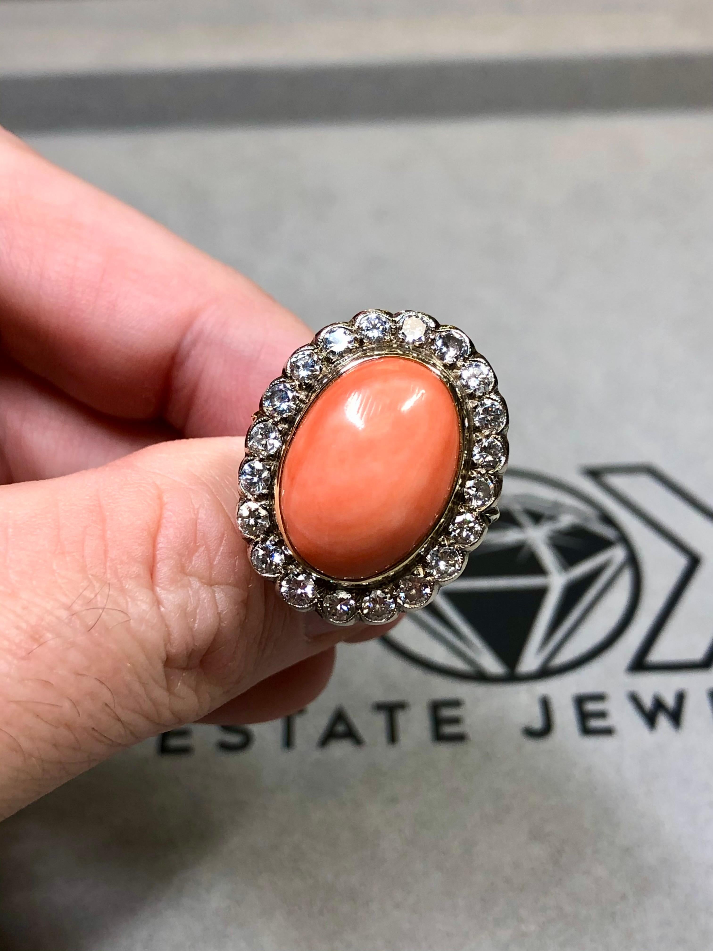 Vintage 18K Cabochon Pink Coral Transitional Cut Diamond Rosetta Cocktail Ring For Sale 1
