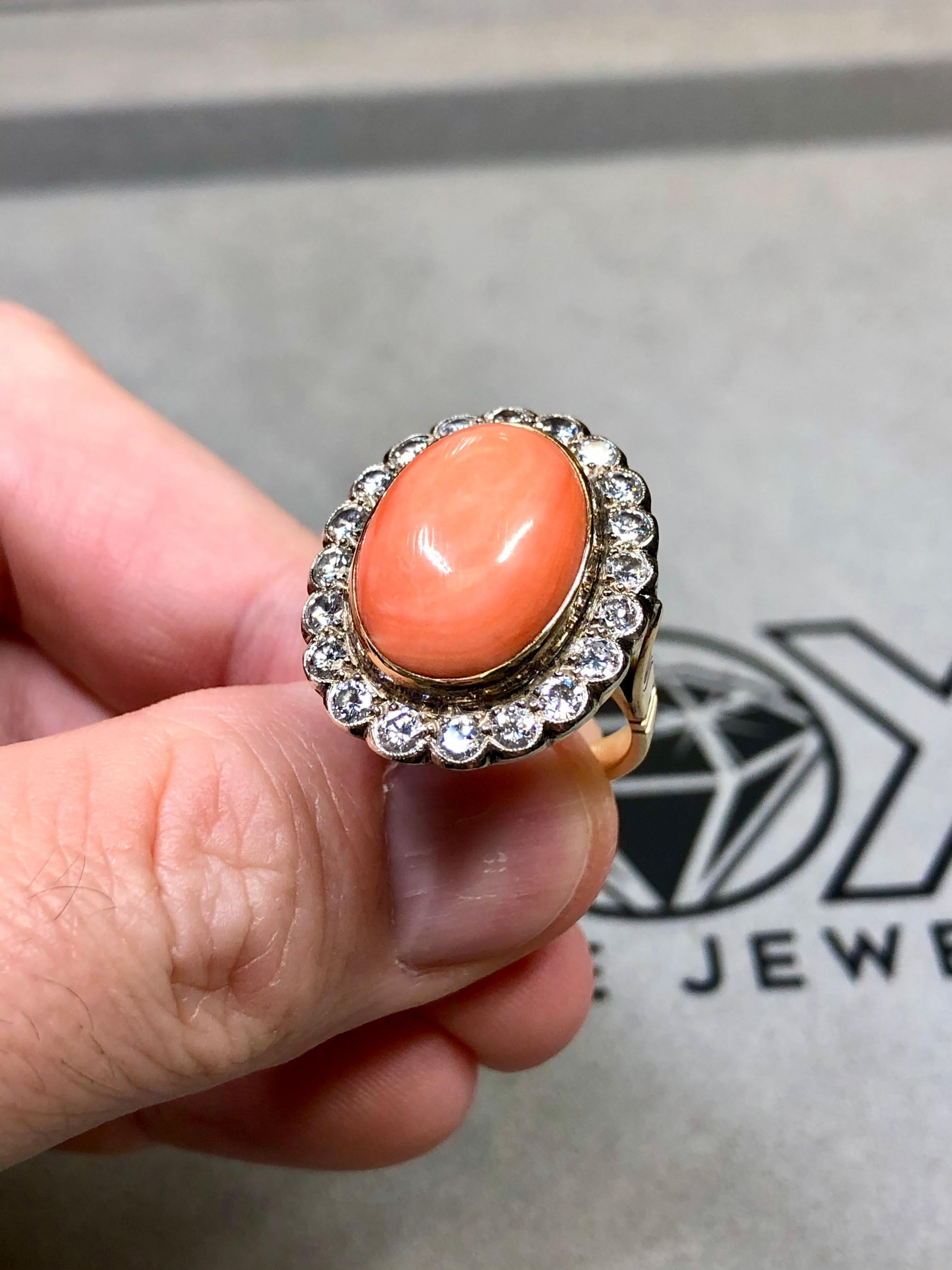 Vintage 18K Cabochon Pink Coral Transitional Cut Diamond Rosetta Cocktail Ring For Sale 2