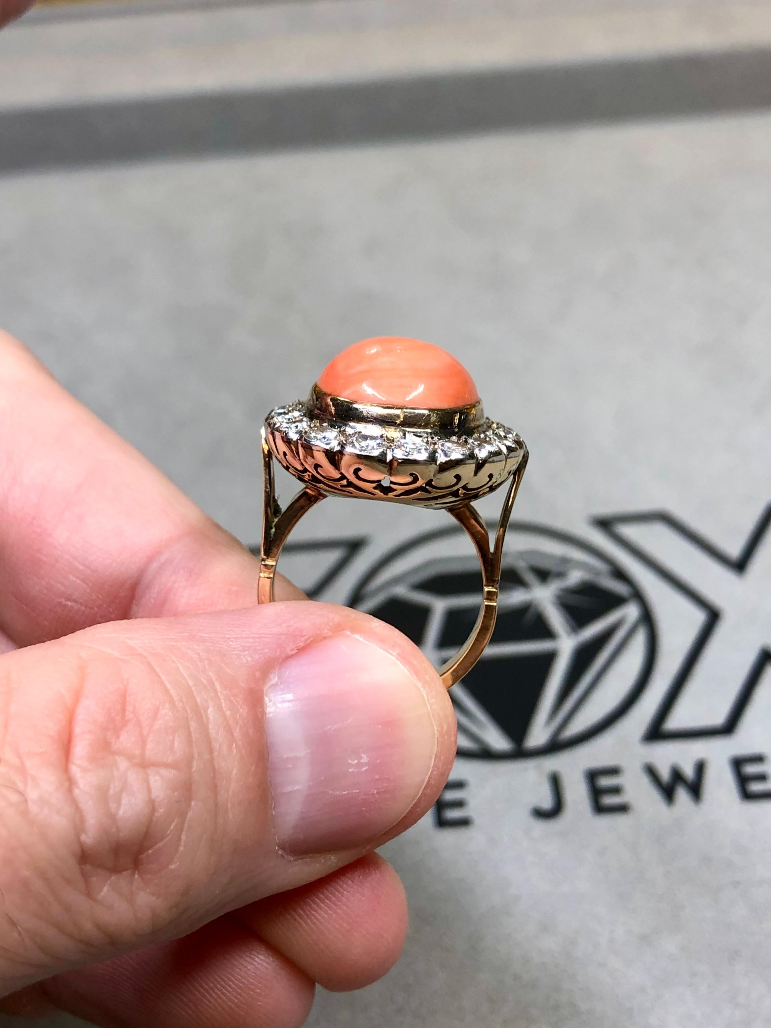Vintage 18K Cabochon Pink Coral Transitional Cut Diamond Rosetta Cocktail Ring For Sale 3