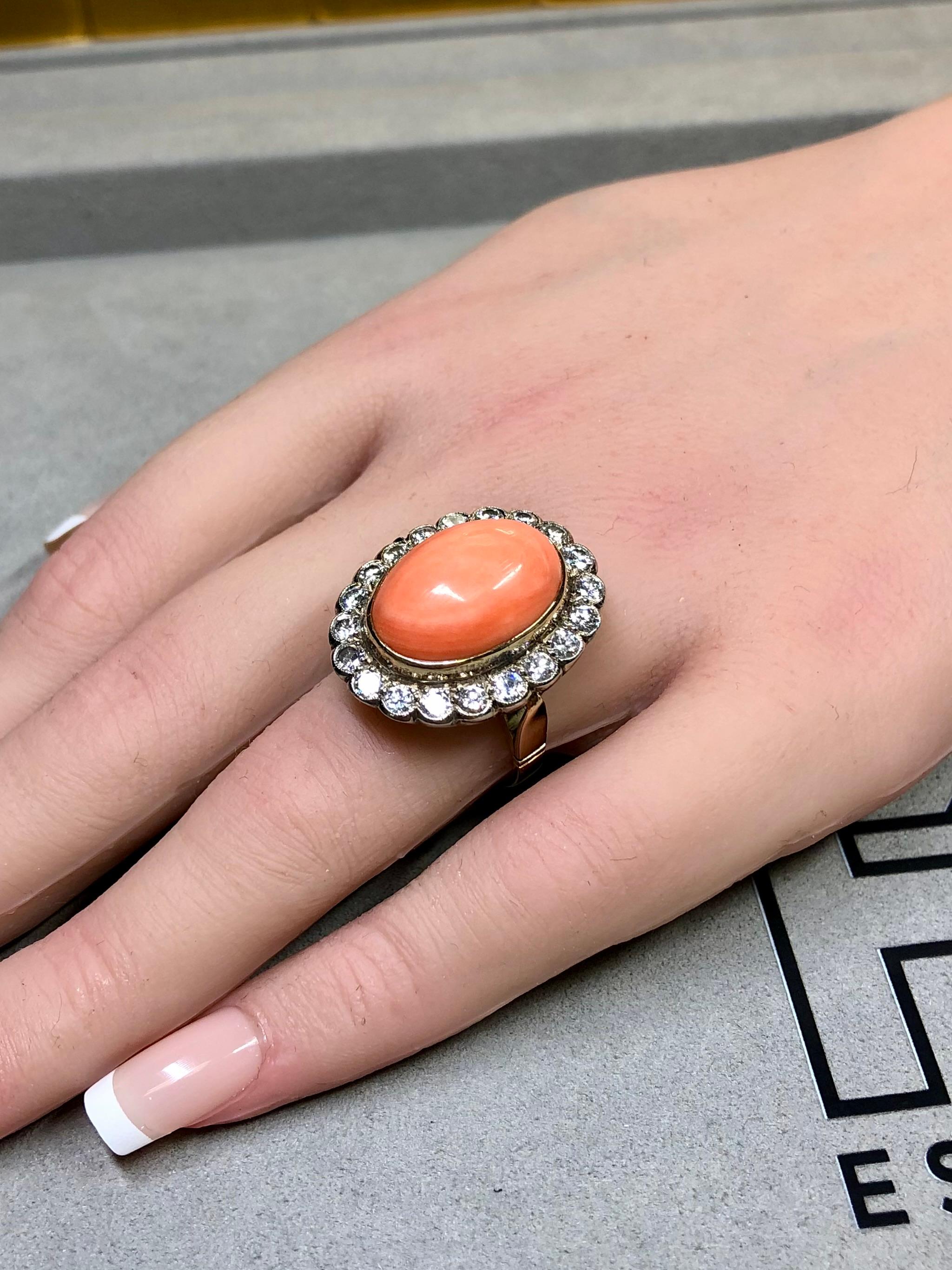 Vintage 18K Cabochon Pink Coral Transitional Cut Diamond Rosetta Cocktail Ring For Sale 4