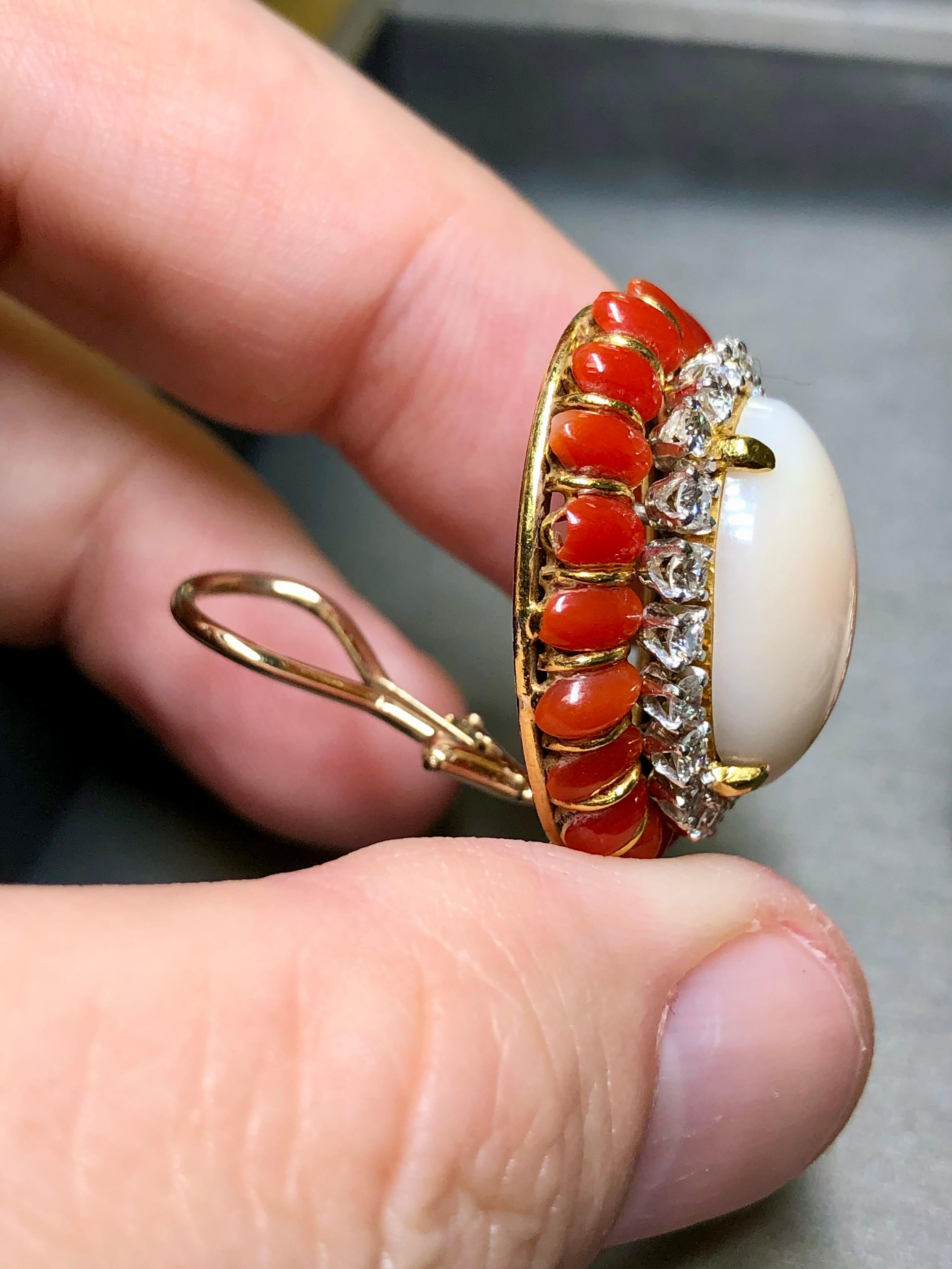 Vintage 18K Cabochon Red + Angel Skin Coral Diamond Huggie Clip On Earrings  For Sale 6
