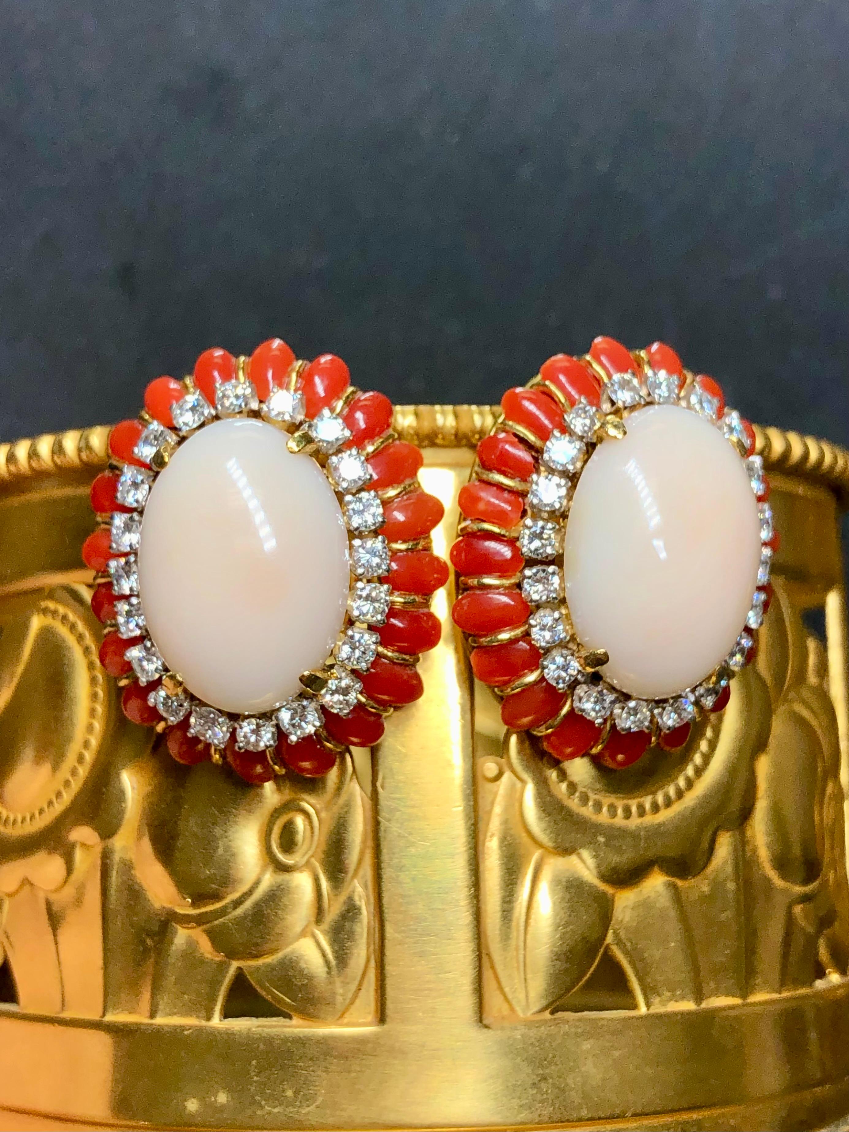 Contemporary Vintage 18K Cabochon Red + Angel Skin Coral Diamond Huggie Clip On Earrings  For Sale