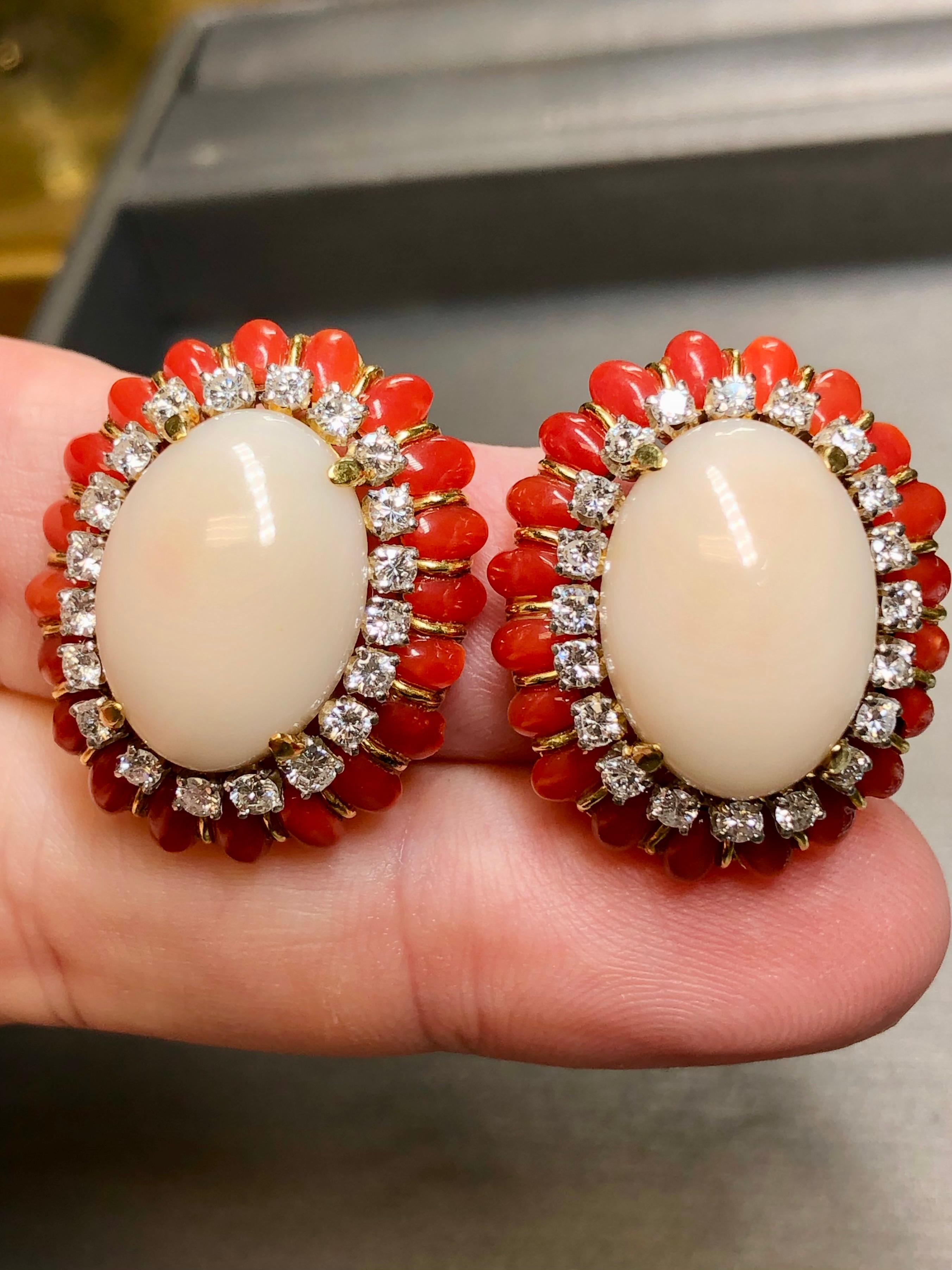 Women's or Men's Vintage 18K Cabochon Red + Angel Skin Coral Diamond Huggie Clip On Earrings  For Sale