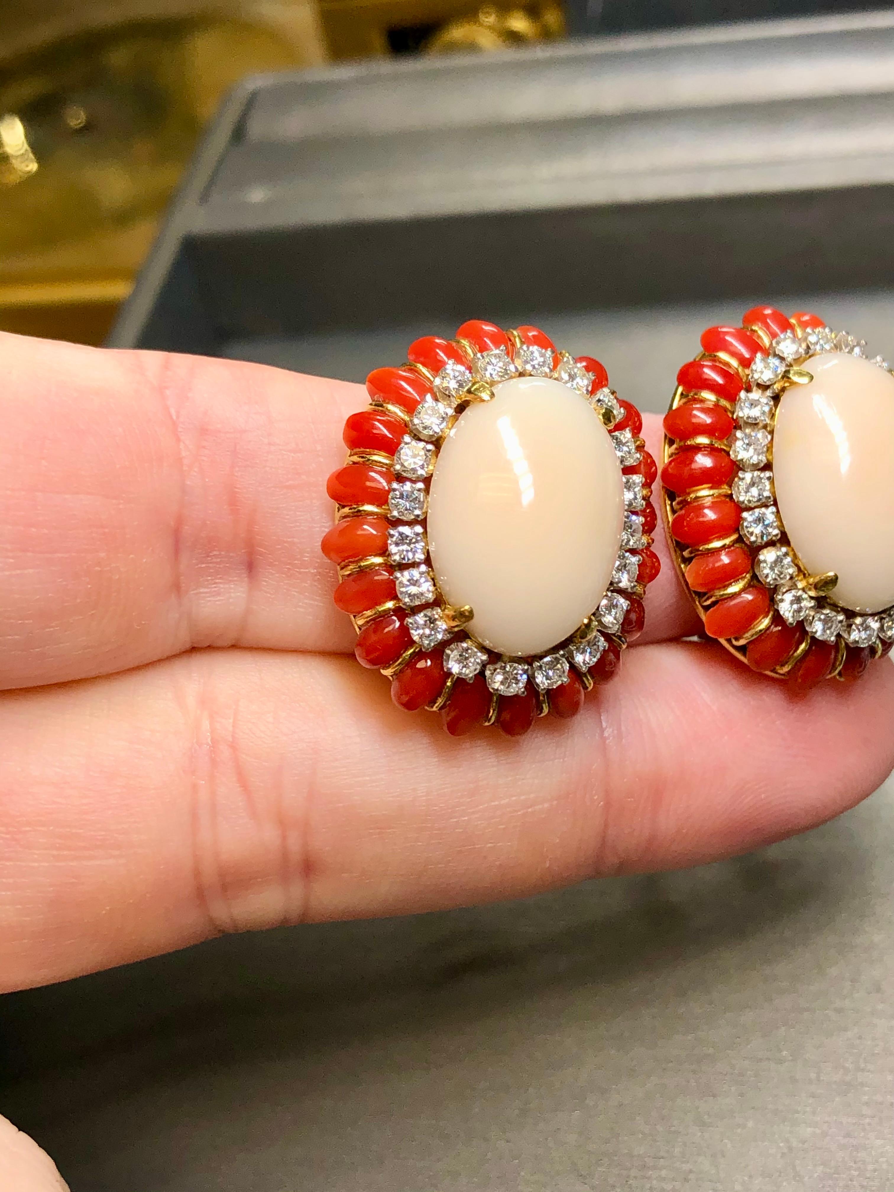 Vintage 18K Cabochon Red + Angel Skin Coral Diamond Huggie Clip On Earrings  For Sale 1
