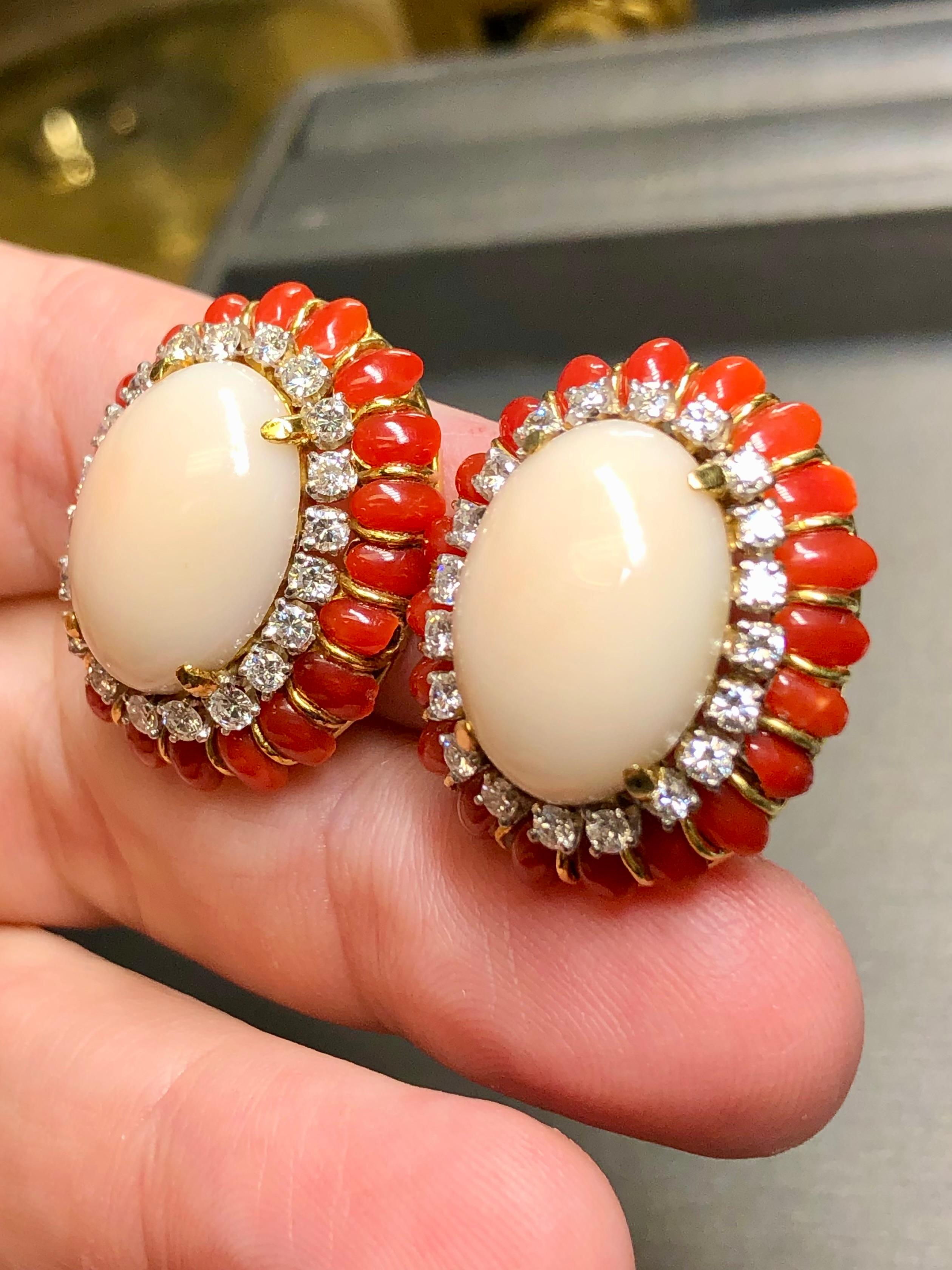 Vintage 18K Cabochon Red + Angel Skin Coral Diamond Huggie Clip On Earrings  For Sale 2