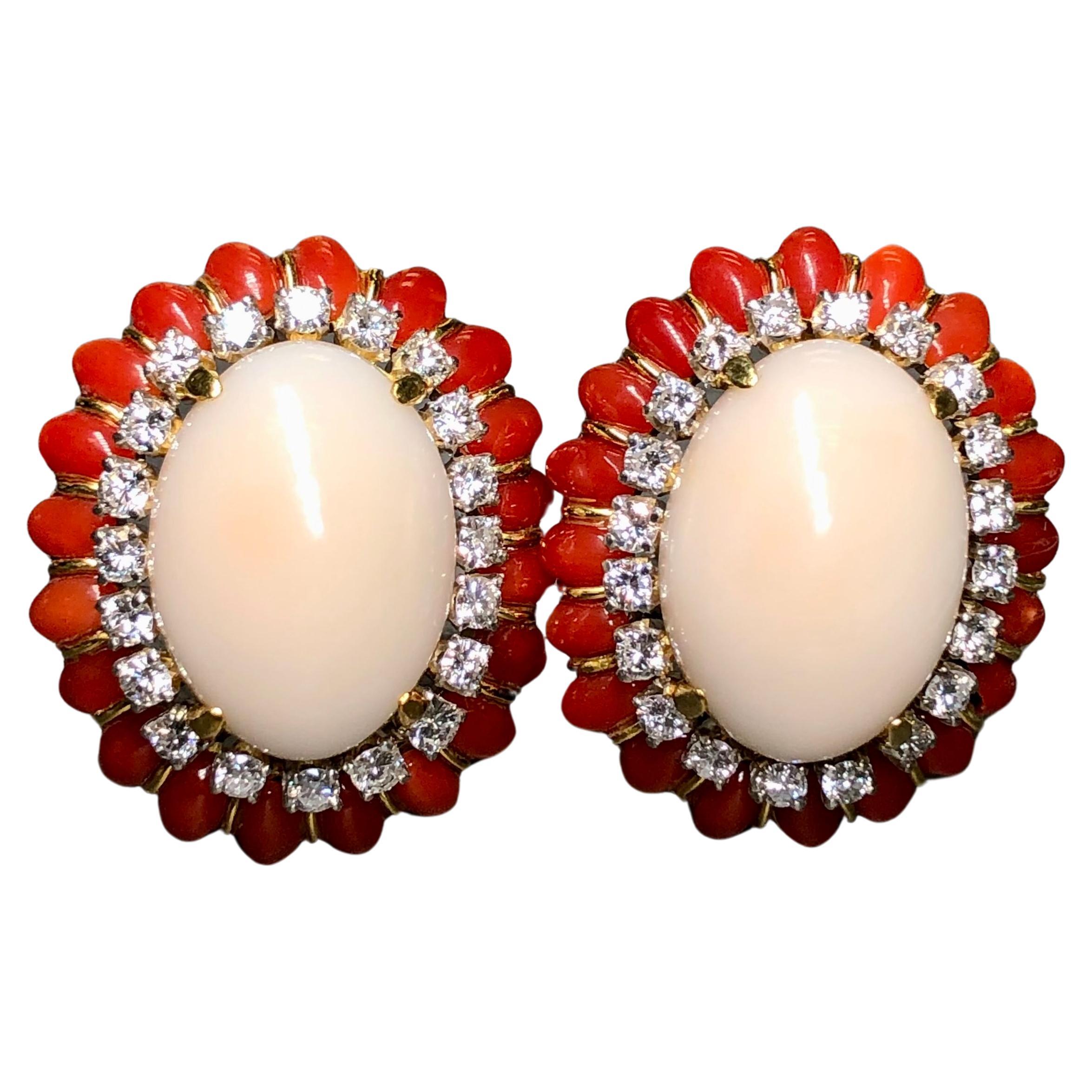 Vintage 18K Cabochon Red + Angel Skin Coral Diamond Huggie Clip On Earrings  For Sale