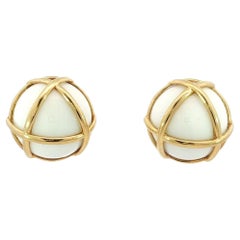Vintage 18K Caged Earclips Culloden White Agate Yellow Gold Solid