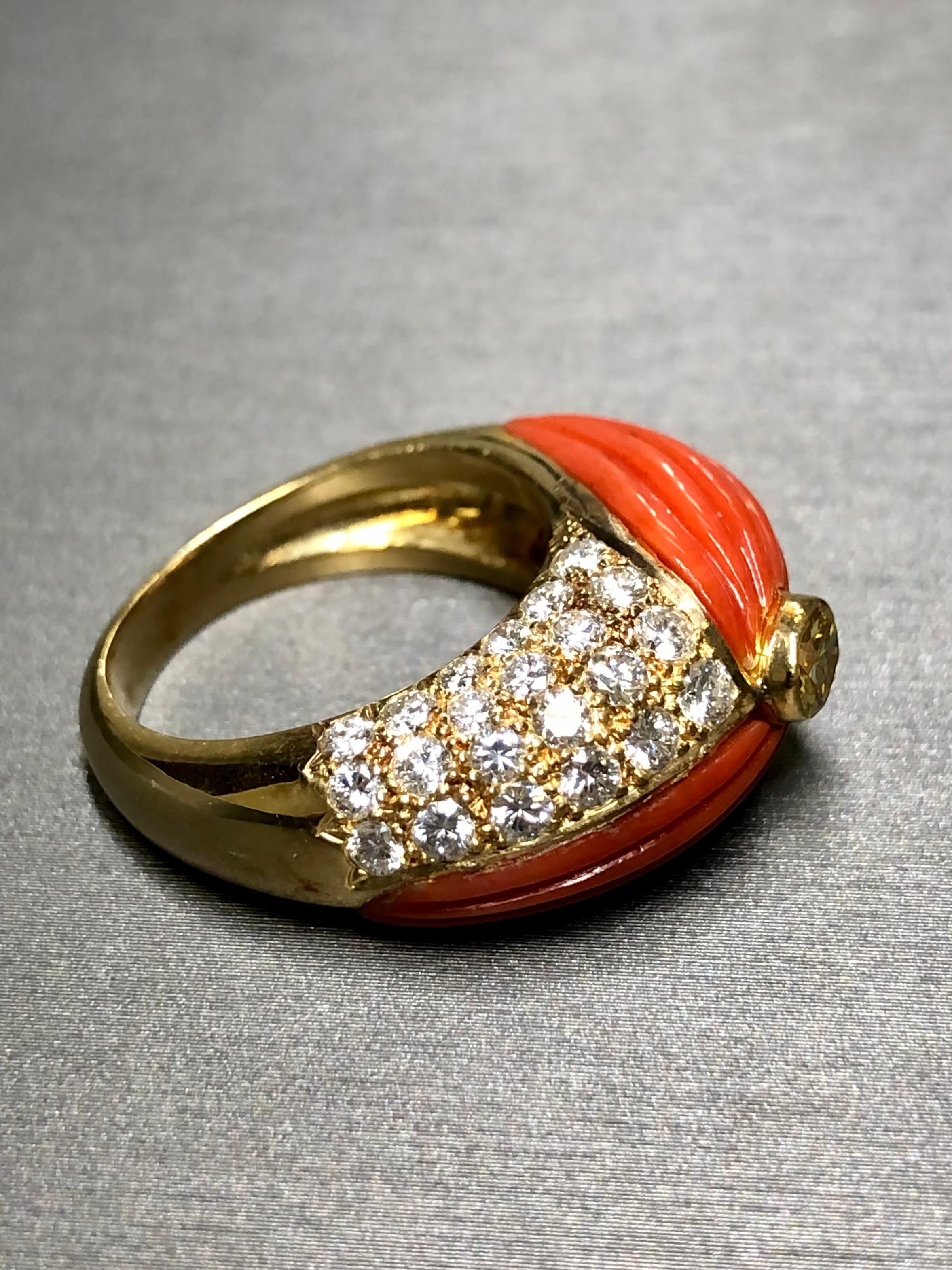 Vintage 18K Carved Coral Fancy Yellow Diamond Cocktail Ring Sz 8 For Sale 5
