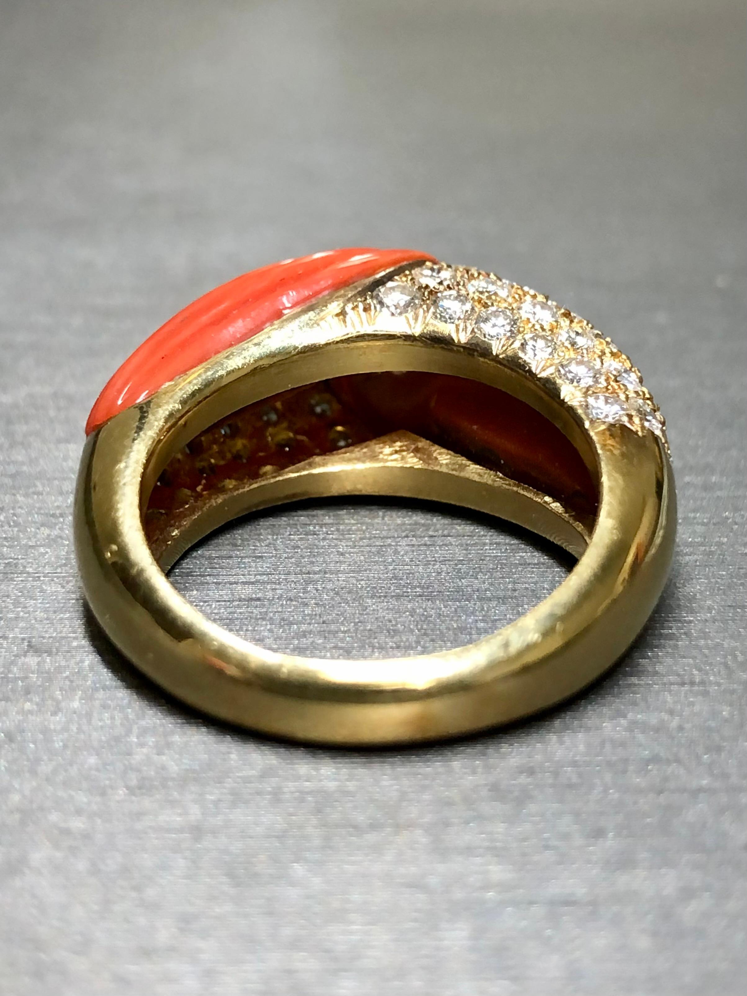 Vintage 18K Carved Coral Fancy Yellow Diamond Cocktail Ring Sz 8 For Sale 6