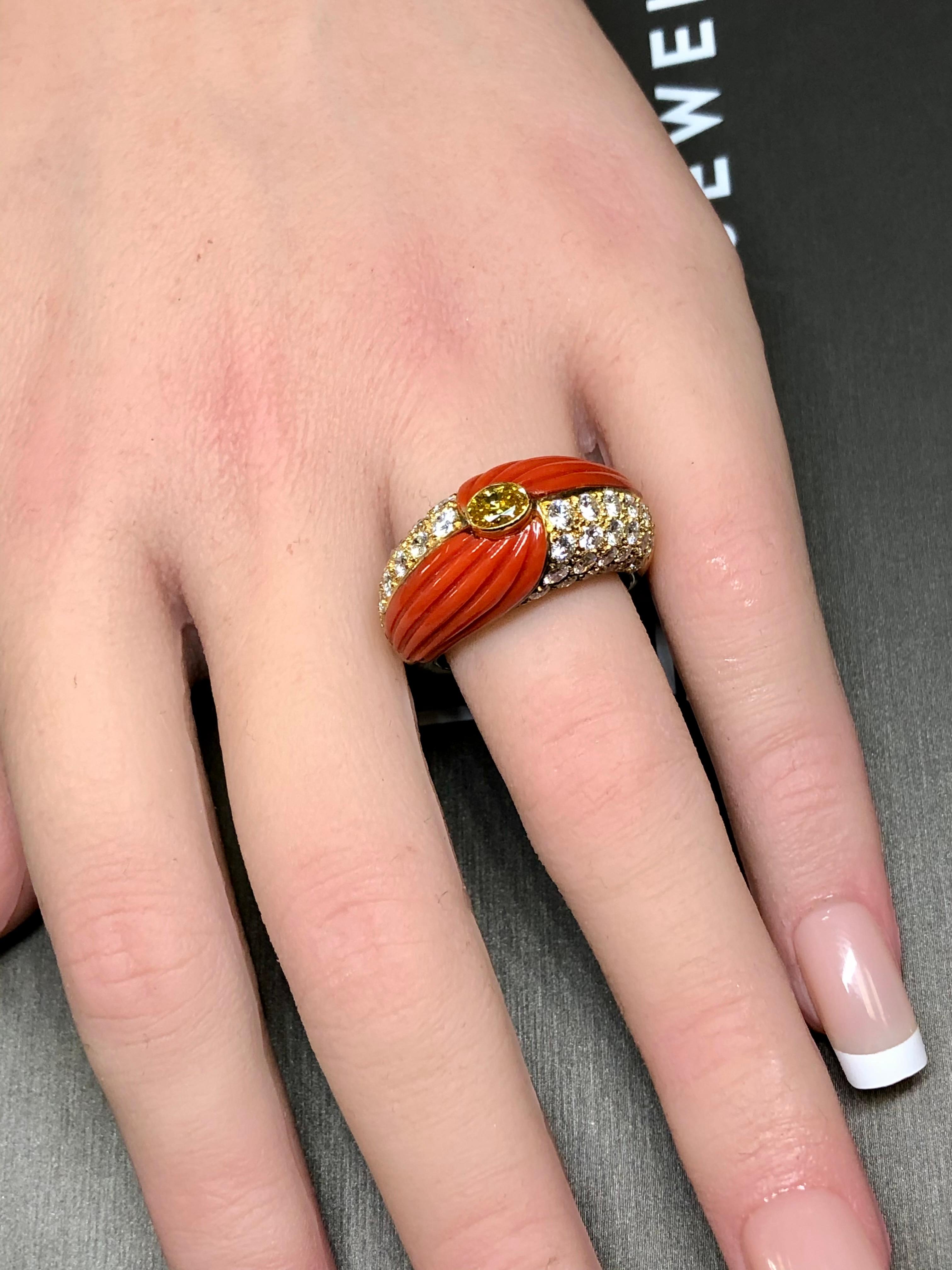 Vintage 18K Carved Coral Fancy Yellow Diamond Cocktail Ring Sz 8 For Sale 8