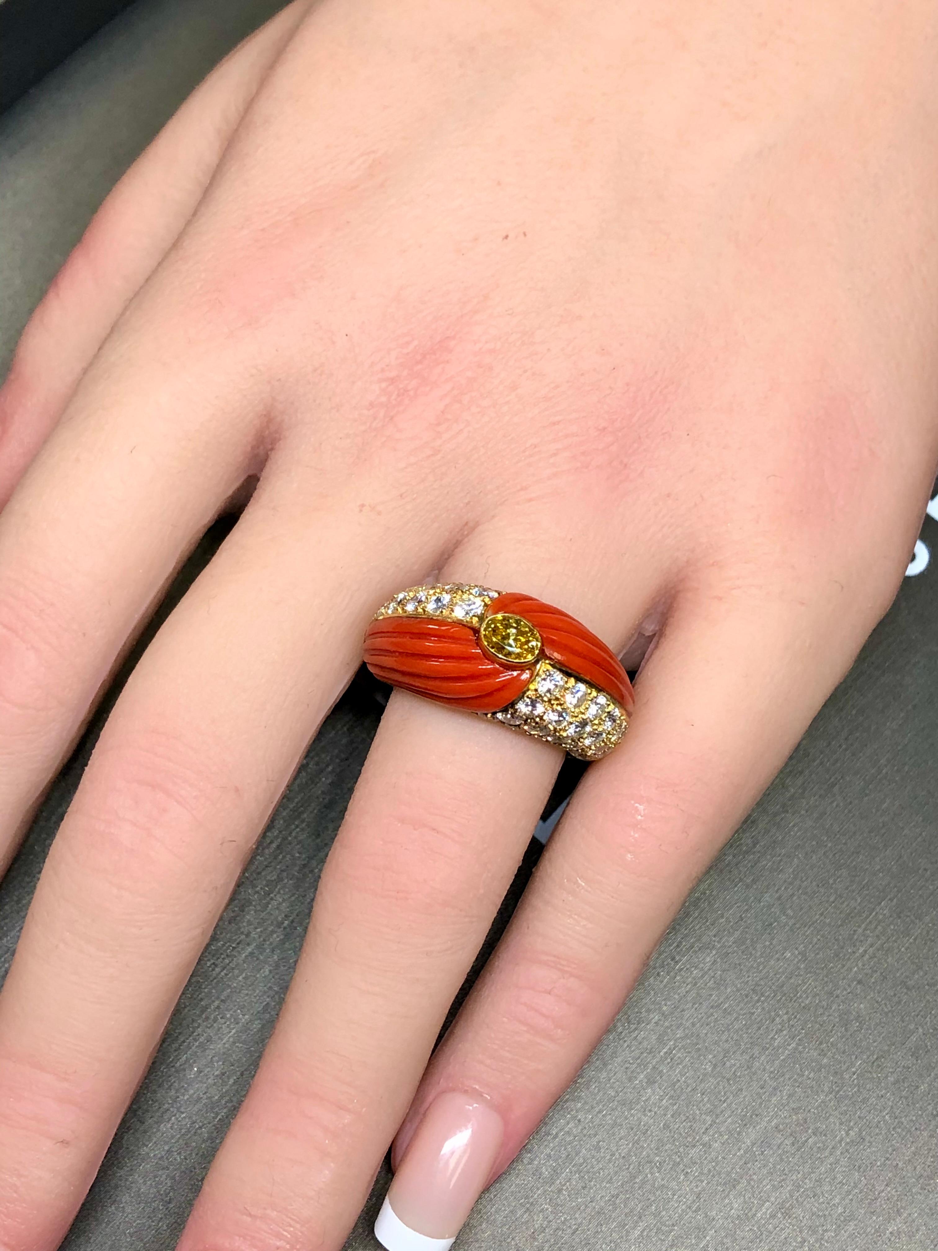 Vintage 18K Carved Coral Fancy Yellow Diamond Cocktail Ring Sz 8 For Sale 9