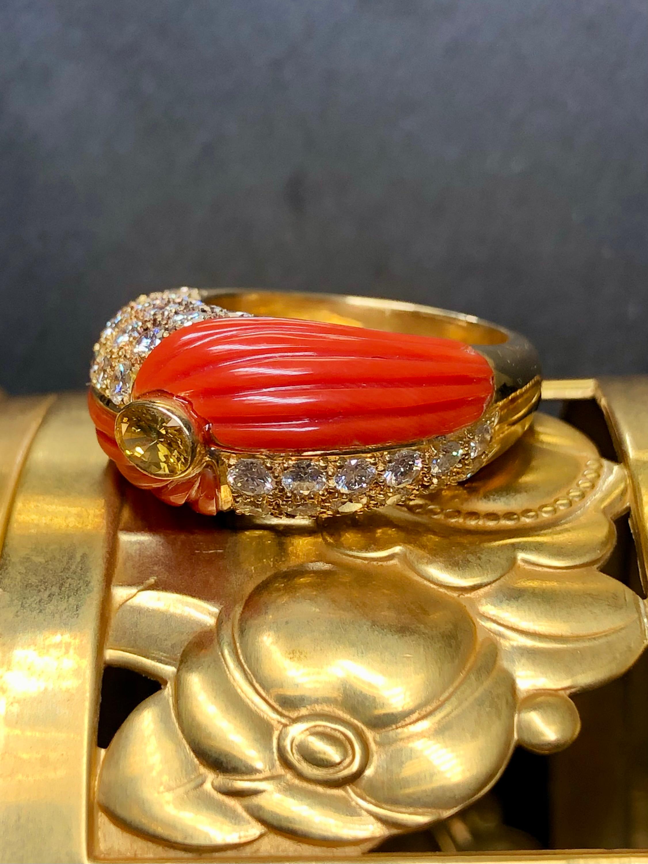 Contemporary Vintage 18K Carved Coral Fancy Yellow Diamond Cocktail Ring Sz 8 For Sale