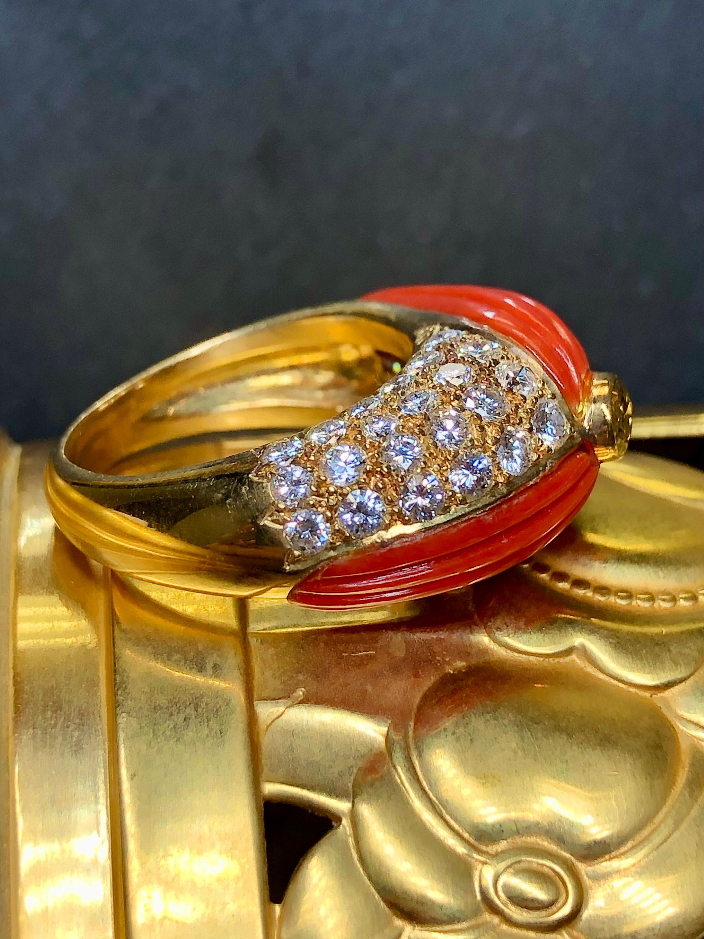Oval Cut Vintage 18K Carved Coral Fancy Yellow Diamond Cocktail Ring Sz 8 For Sale