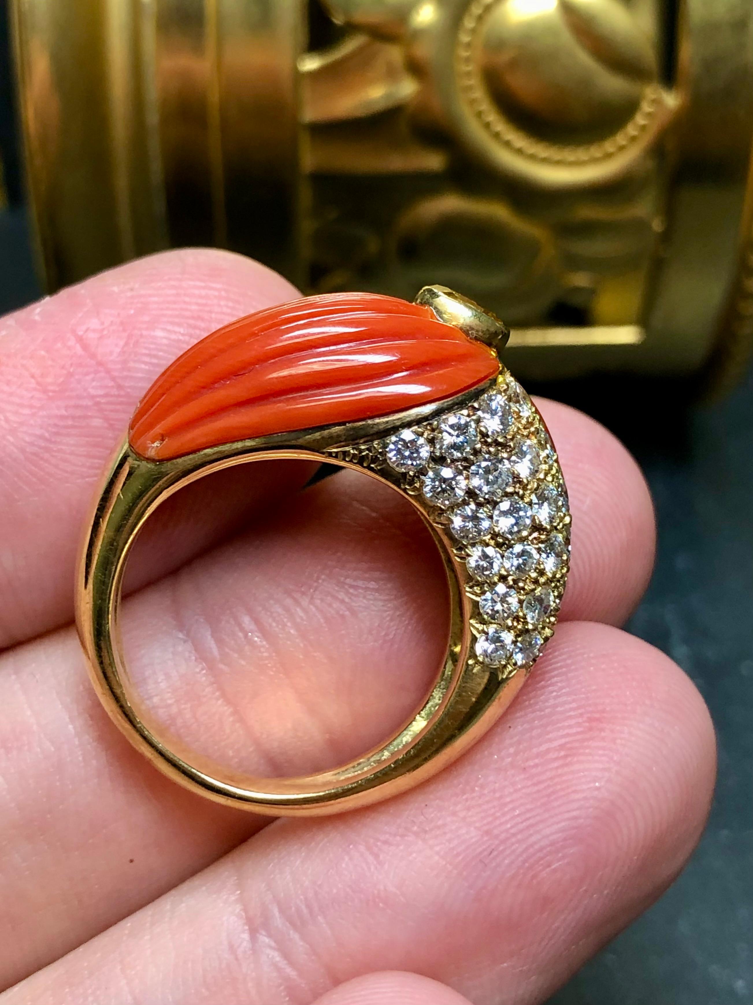 Vintage 18K Carved Coral Fancy Yellow Diamond Cocktail Ring Sz 8 For Sale 2