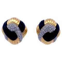 Vintage 18K Carved Onyx and Diamond Dome Earrings