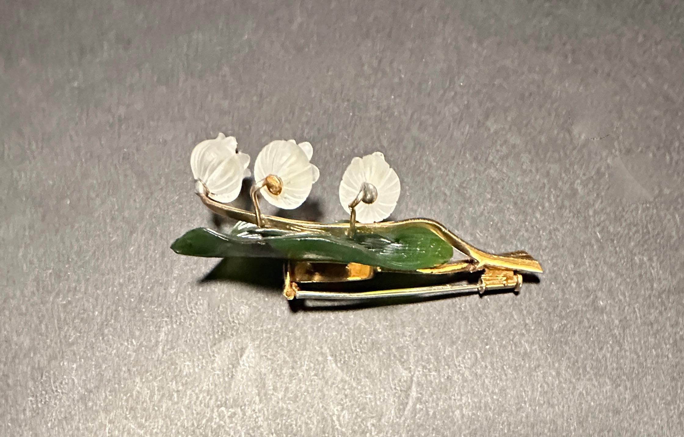 Austrian Vintage 18K Carved Rock Crystal, Jade and Diamond Lily of the Valley Clip Brooch For Sale