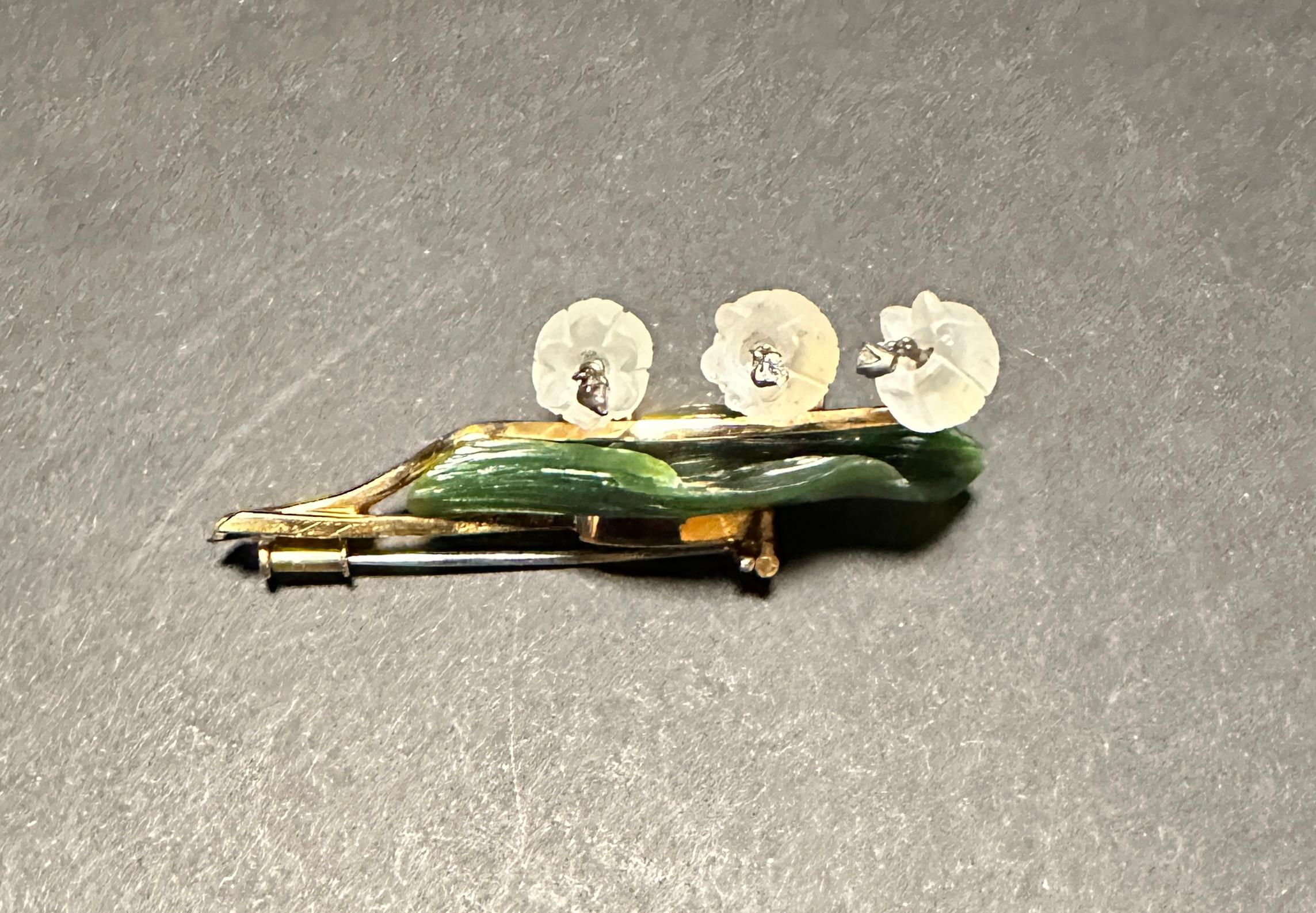 Hand-Carved Vintage 18K Carved Rock Crystal, Jade and Diamond Lily of the Valley Clip Brooch For Sale