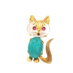 Vintage 18K Cat Brooch with Rock Crystal Head, Amazonite Body, and Ruby Eyes