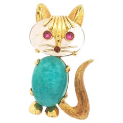 Vintage 18K Cat Brooch with Rock Crystal Head, Amazonite Body, and Ruby Eyes