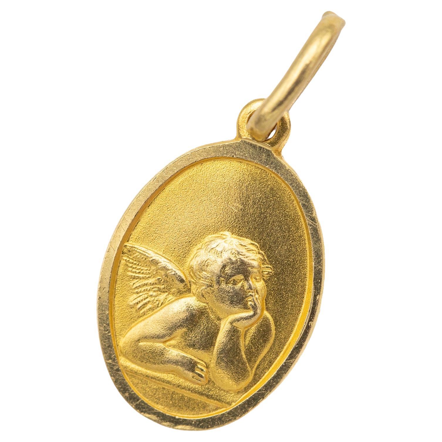 Vintage 18k cherub charm pendant - Angel medallion - solid yellow gold