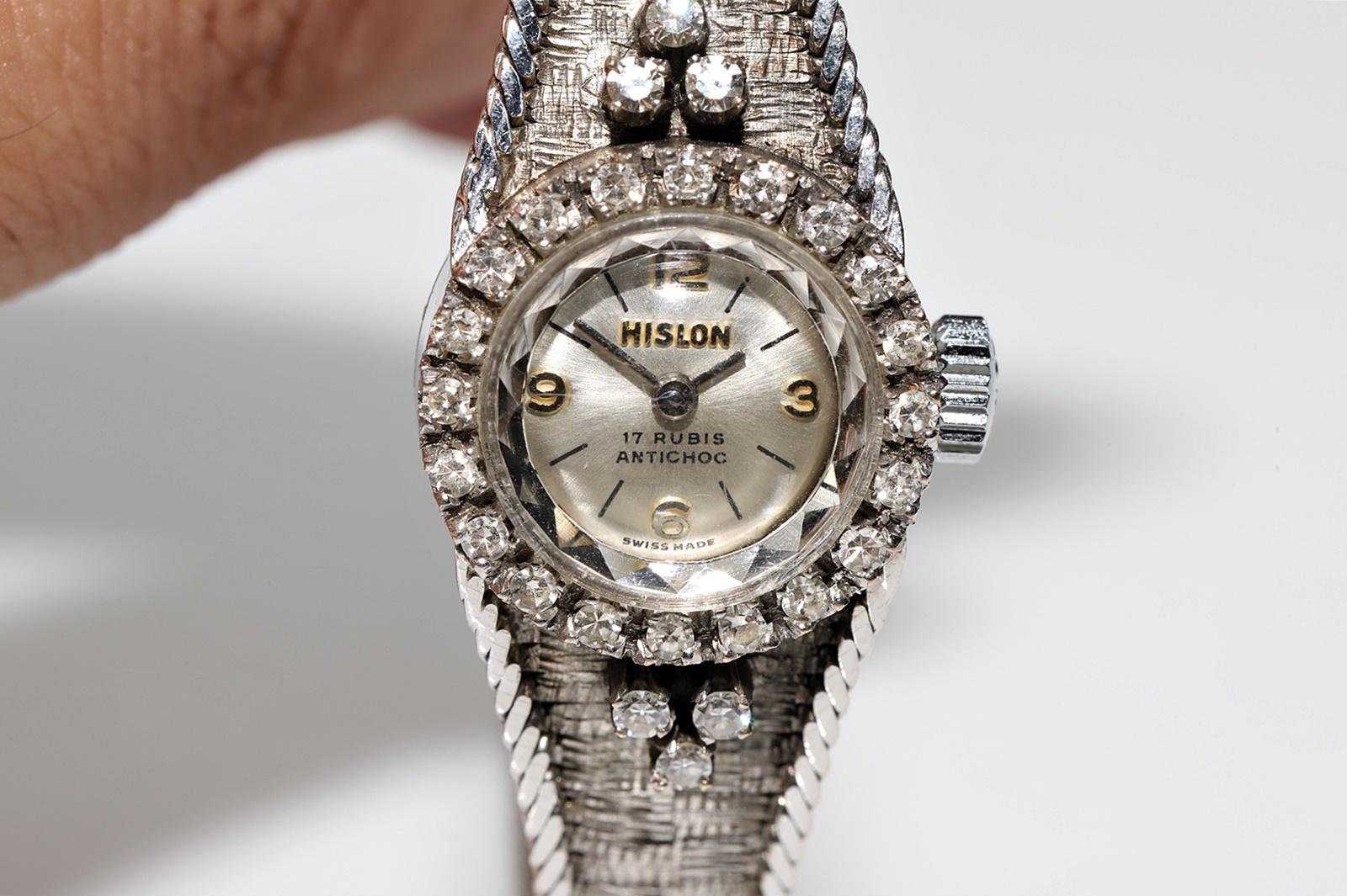 Vintage 18k Circa 1970s HISLON Brand Natural Diamond Decorated Wrist Watches For Sale 6