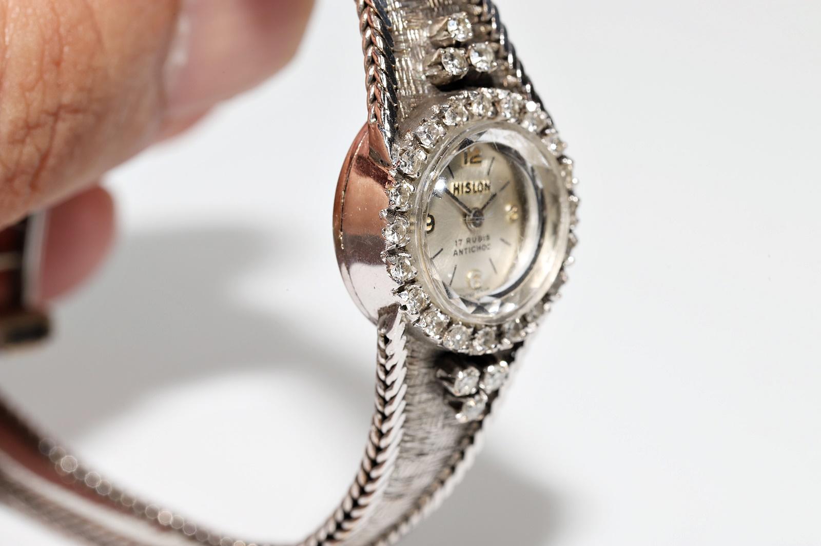 Vintage 18k Circa 1970s HISLON Brand Natural Diamond Decorated Wrist Watches For Sale 7