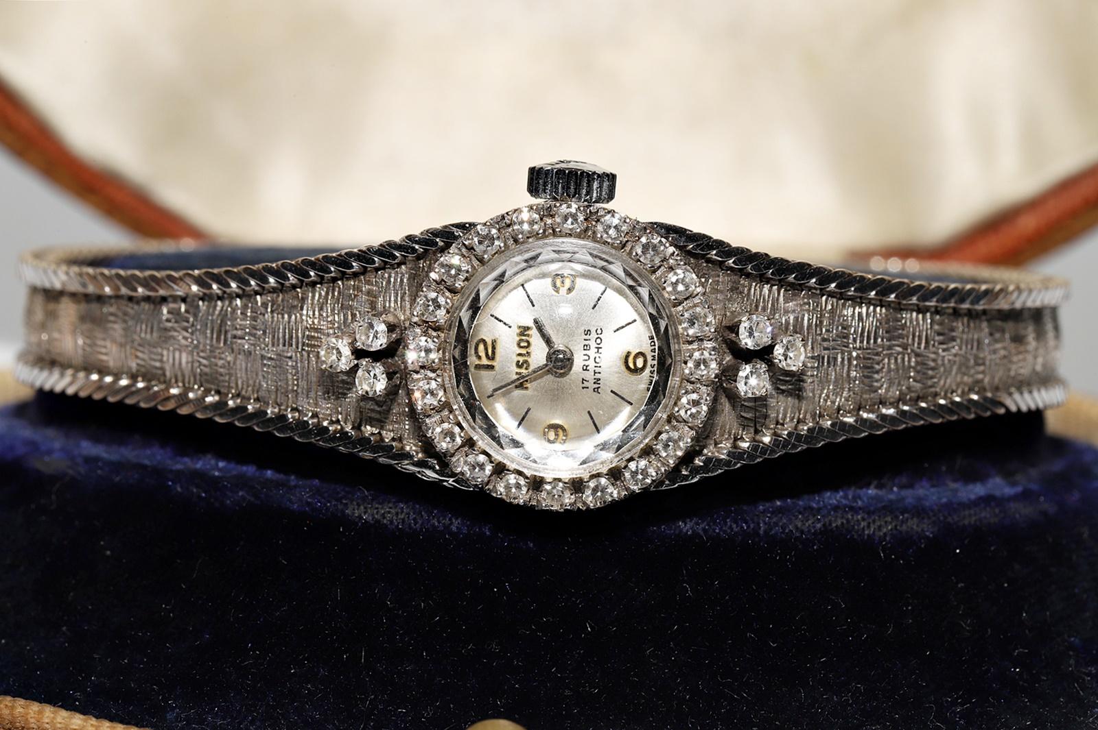 Retro Vintage 18k Circa 1970s HISLON Brand Natural Diamond Decorated Wrist Watches For Sale