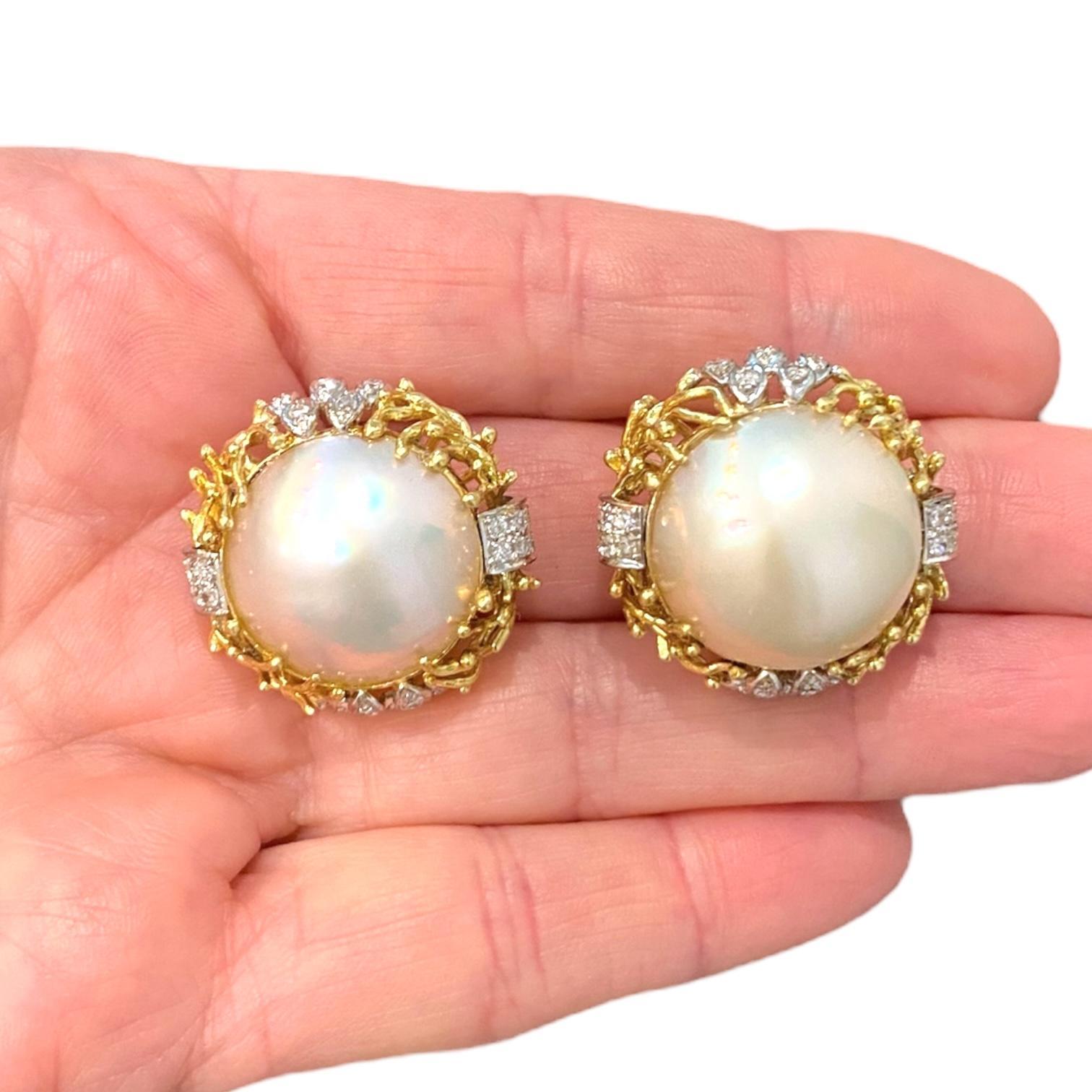 Vintage 18K kultivierte Mabe Perle & Diamant-Ohrringe Damen im Angebot