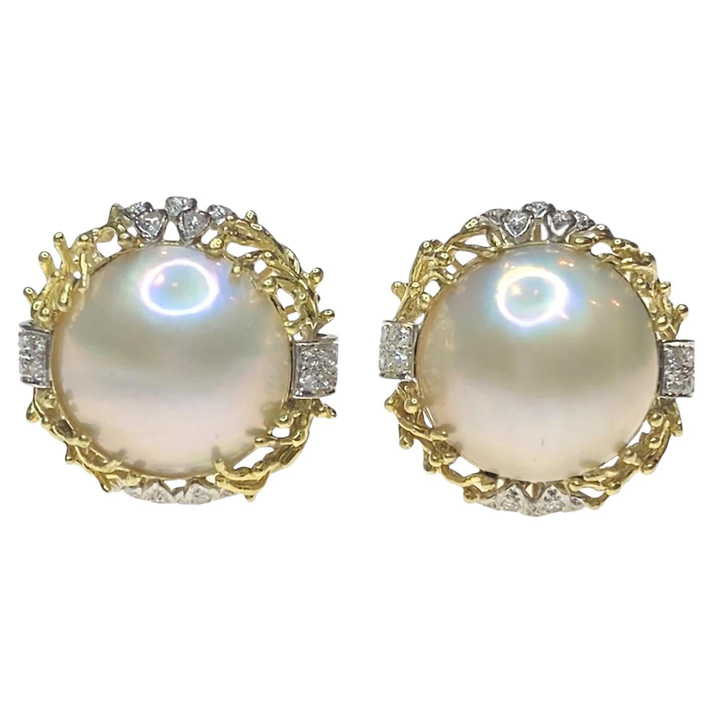 Vintage 18K Cultured Mabe Pearl & Diamond Earrings