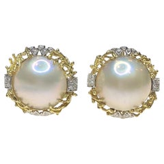 Vintage 18K Cultured Mabe Pearl & Diamond Earrings