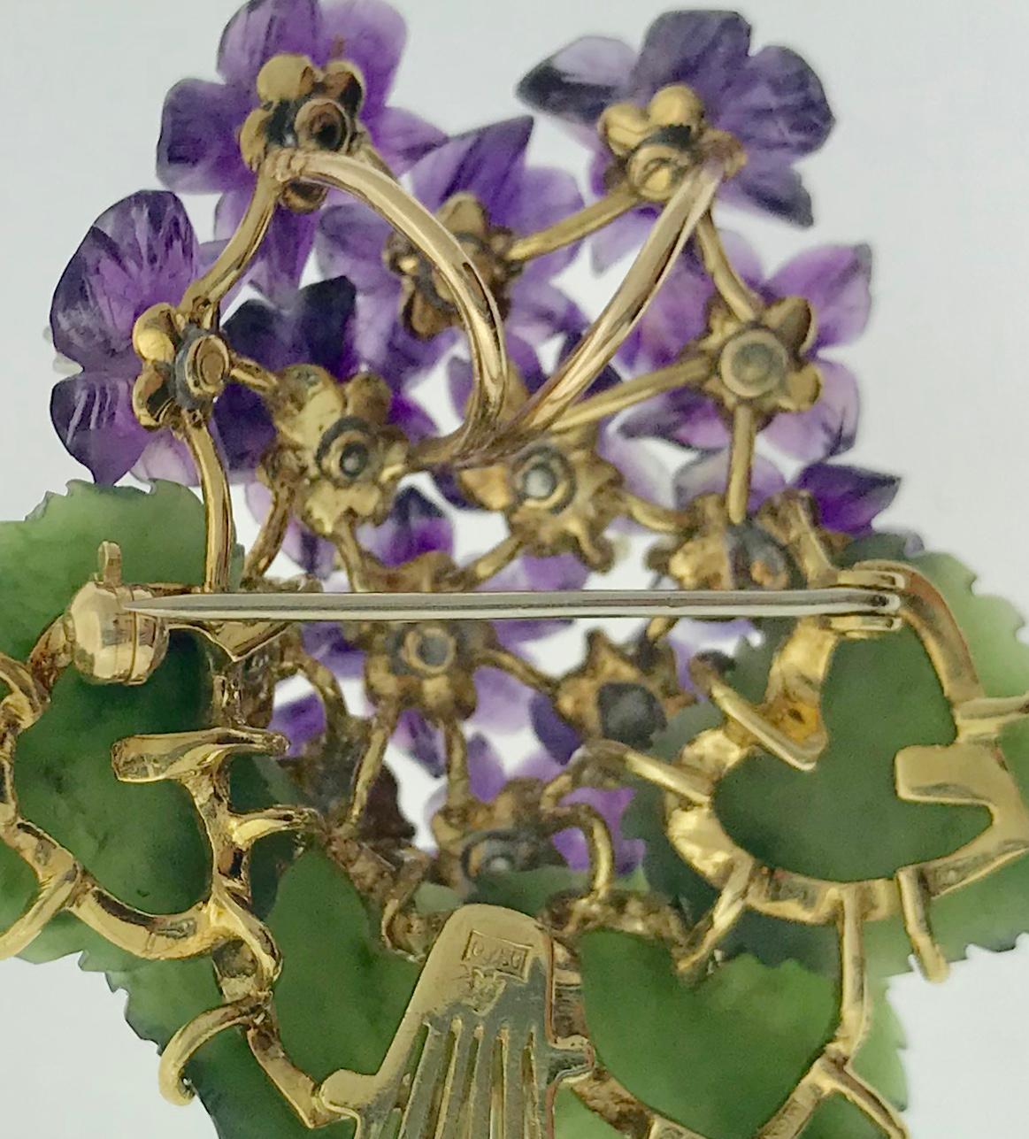 Modernist Vintage 18K Diamond Amethyst and Carved Nephrite Jade Flower Brooch and Pendant