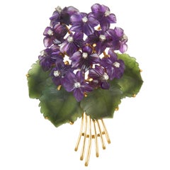 Vintage 18K Diamond Amethyst and Carved Nephrite Jade Flower Brooch and Pendant