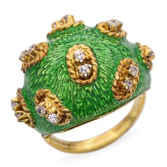 Vintage 18k Diamond and Guilloche Enamel Dome Ring