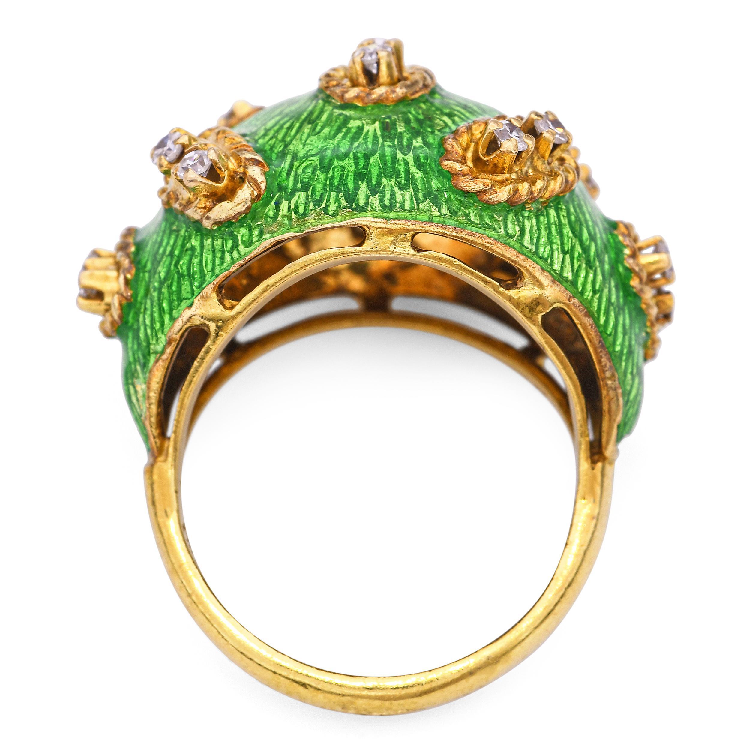 De las mujeres Anillo cúpula vintage 18k con diamantes y esmalte guilloché en venta