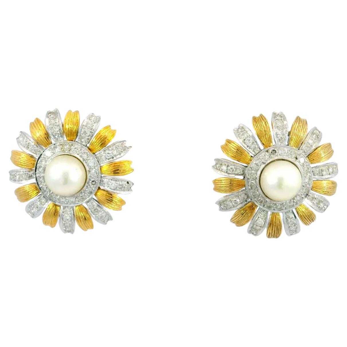 Pendientes Vintage Flor 18K Diamante y Perla Oro Blanco y Amarillo