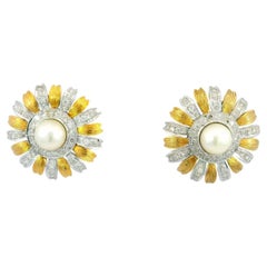 Vintage Blumen-Ohrstecker 18K Diamant und Perle Weiß- und Gelbgold