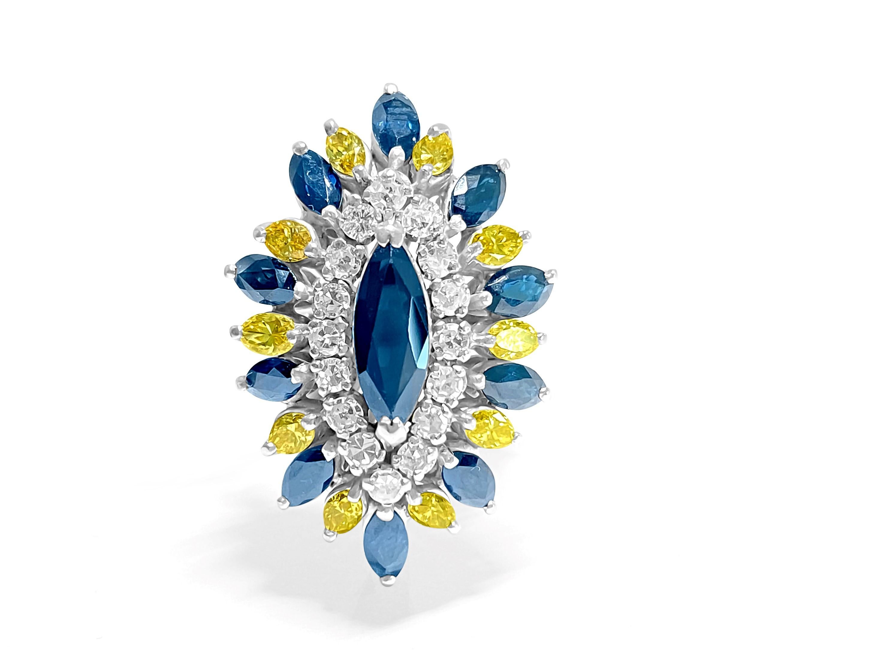 Crafted from exquisite 18K white gold, this high-end ring features a stunning 4.00 carat natural earth-mined blue sapphire as its centerpiece. Surrounding the majestic sapphire are intricately set yellow and white diamonds, totaling 2.30 carats. The