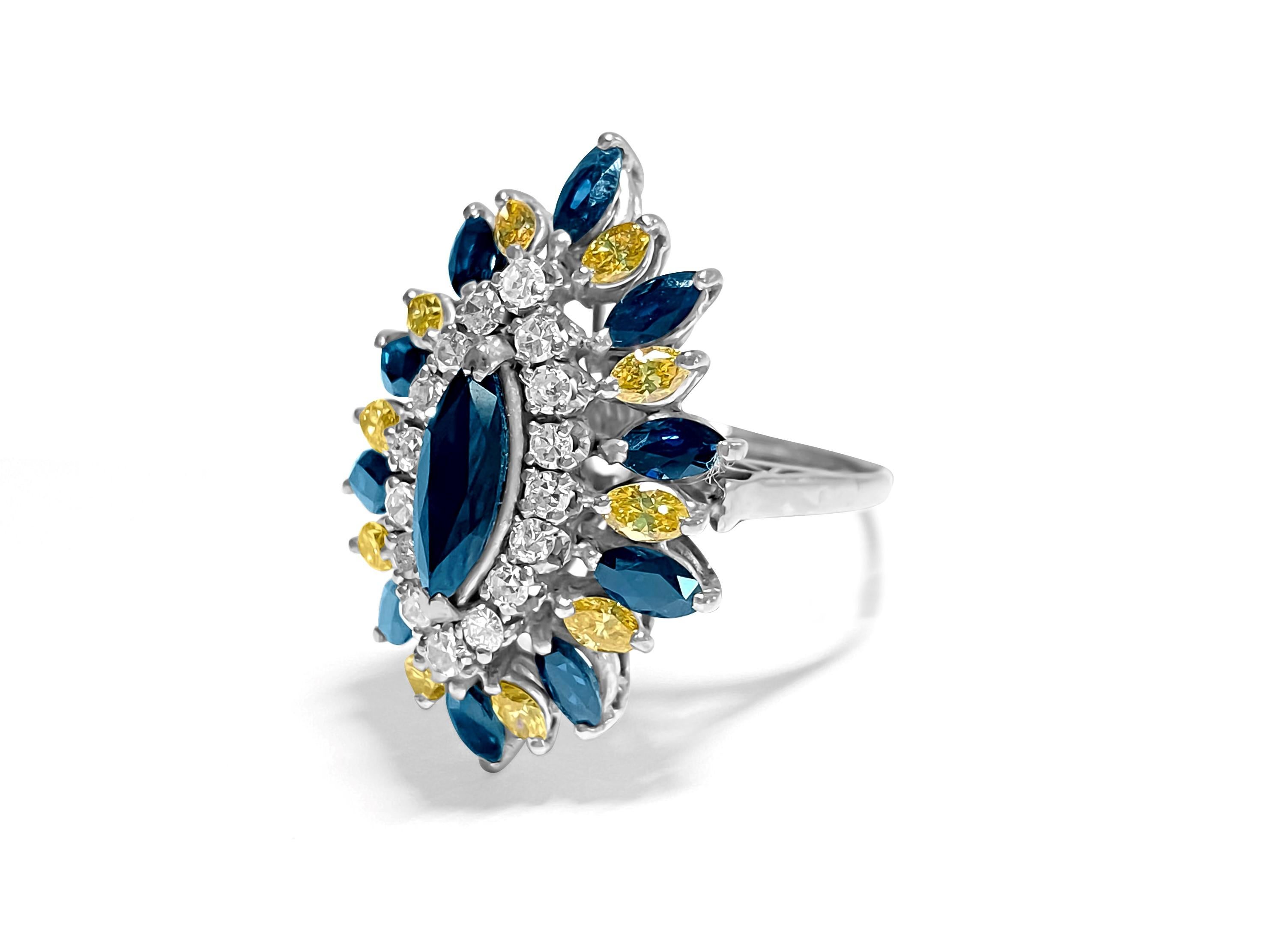 Crafted from exquisite 18K white gold, this high-end ring features a stunning 4.00 carat natural earth-mined blue sapphire as its centerpiece. Surrounding the majestic sapphire are intricately set yellow and white diamonds, totaling 2.30 carats. The