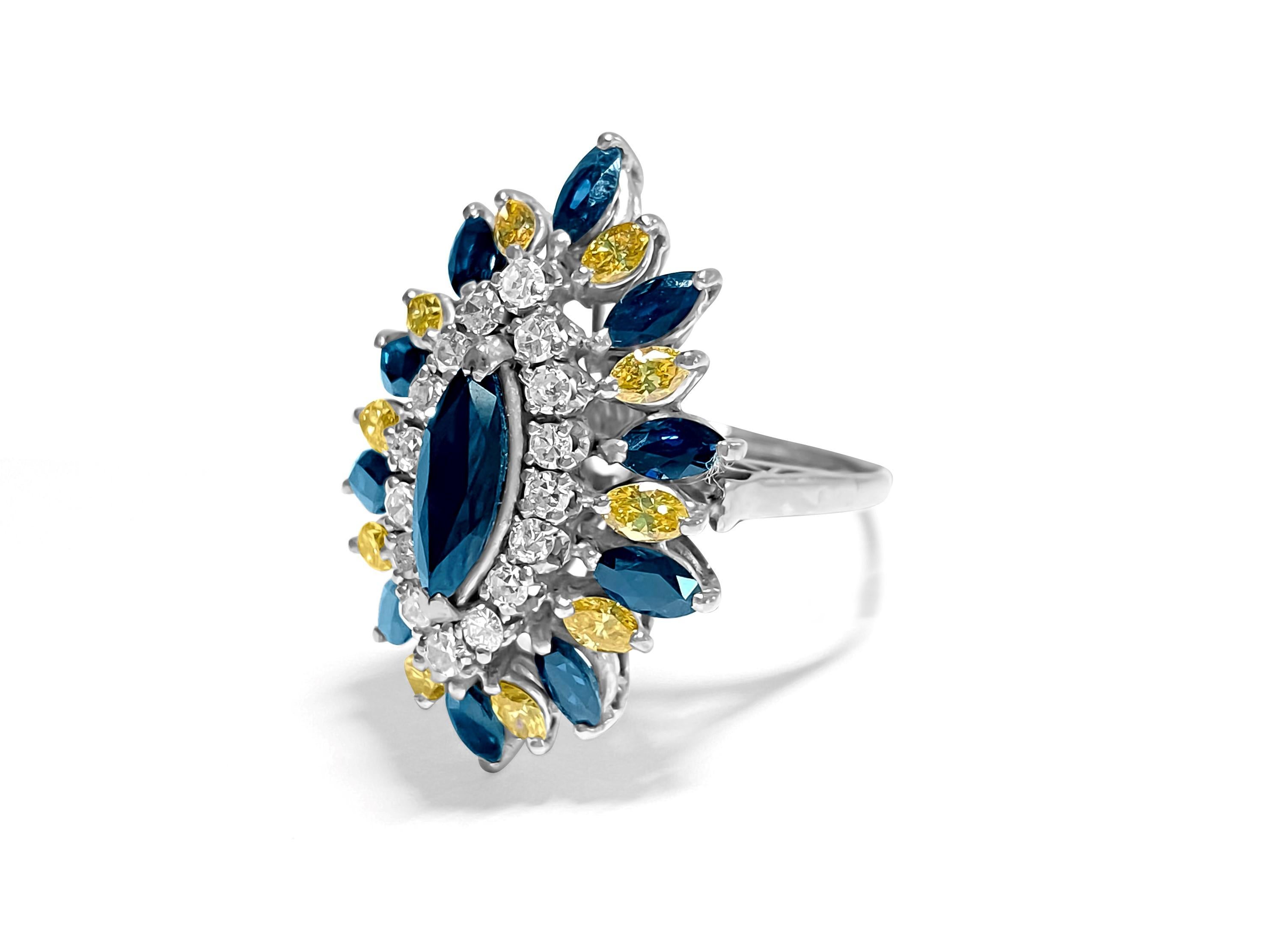 Art Deco Vintage 18k Diamond Blue Sapphire Yellow Diamond Ring For Sale