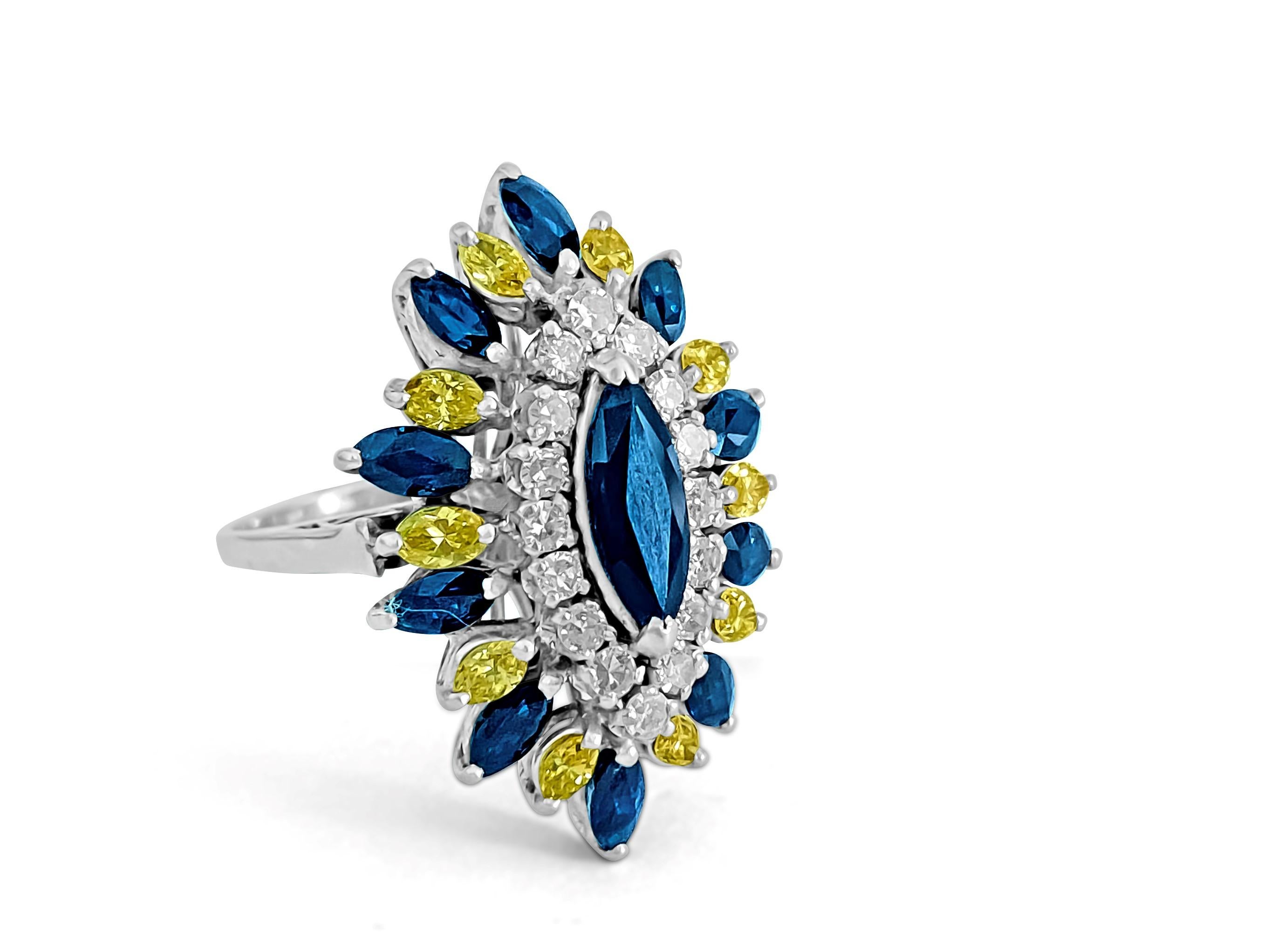 Art Deco Vintage 18k Diamond Blue Sapphire Yellow Diamond Ring For Sale