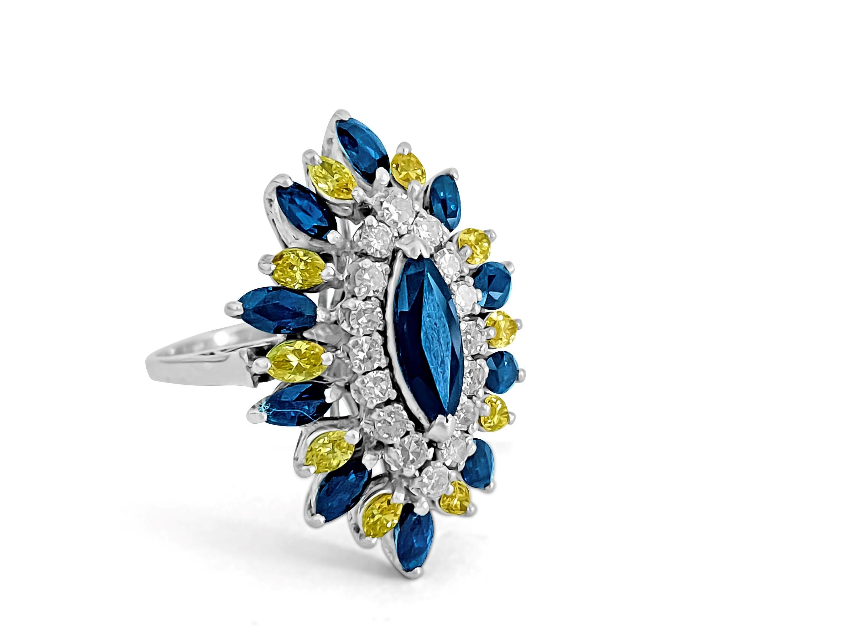 Marquise Cut Vintage 18k Diamond Blue Sapphire Yellow Diamond Ring For Sale