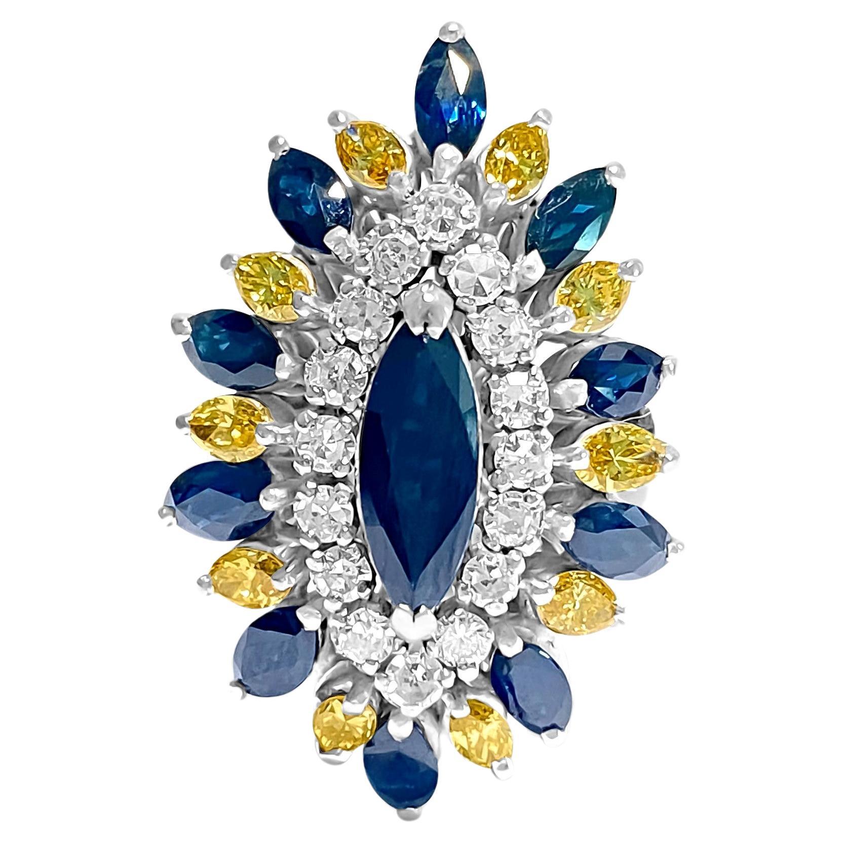 Vintage 18k Diamond Blue Sapphire Yellow Diamond Ring For Sale