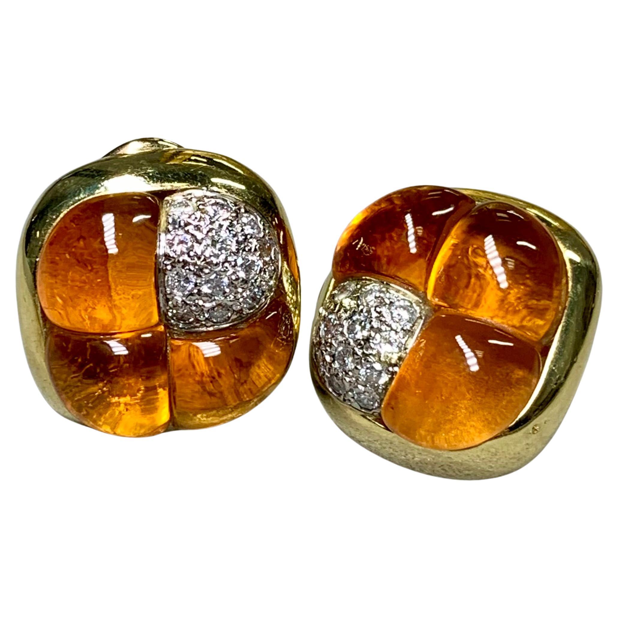 Vintage 18K Diamond Buff Top Citrine Cushion Shaped Huggie Earrings Omega Backs