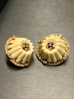 Vintage 18K Diamond Carved Resin Omega Back Huggie Earrings 3.08cttw