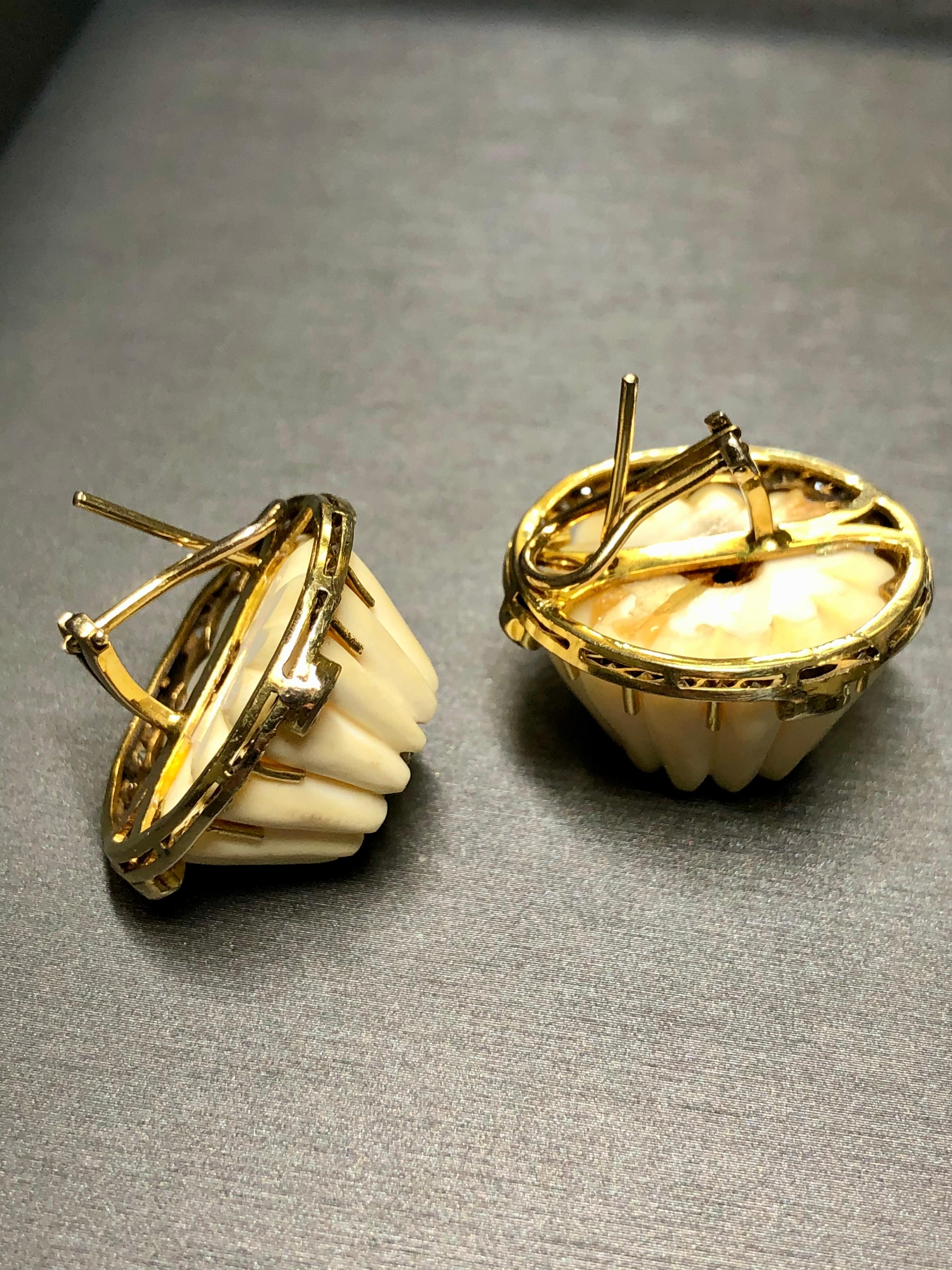 Marquise Cut Vintage 18K Diamond Carved Resin Omega Back Huggie Earrings 3.08cttw For Sale