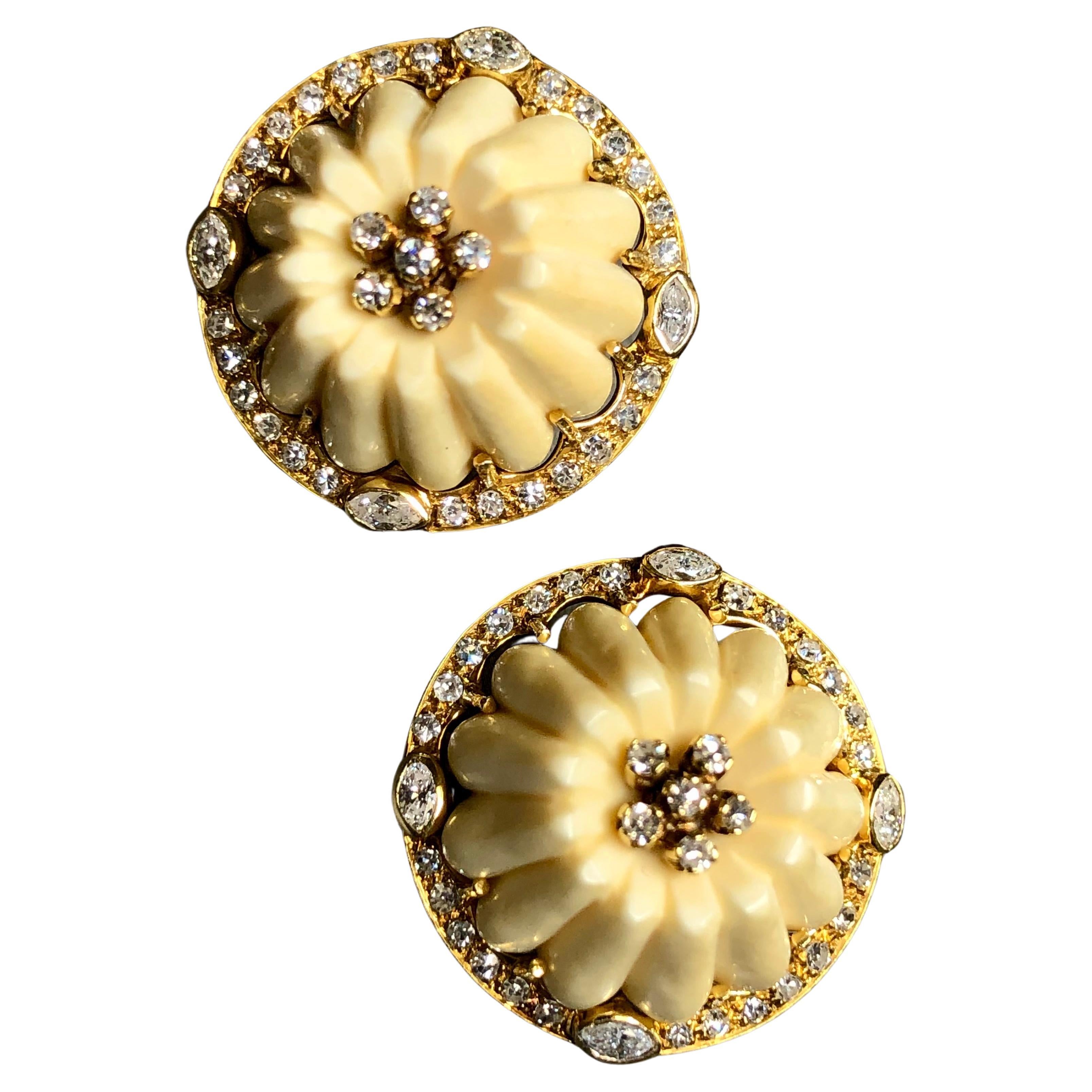 Vintage 18K Diamond Carved Resin Omega Back Huggie Earrings 3.08cttw
