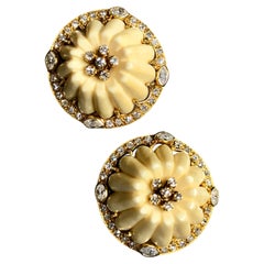 Vintage 18K Diamond Carved Resin Omega Back Huggie Earrings 3.08cttw